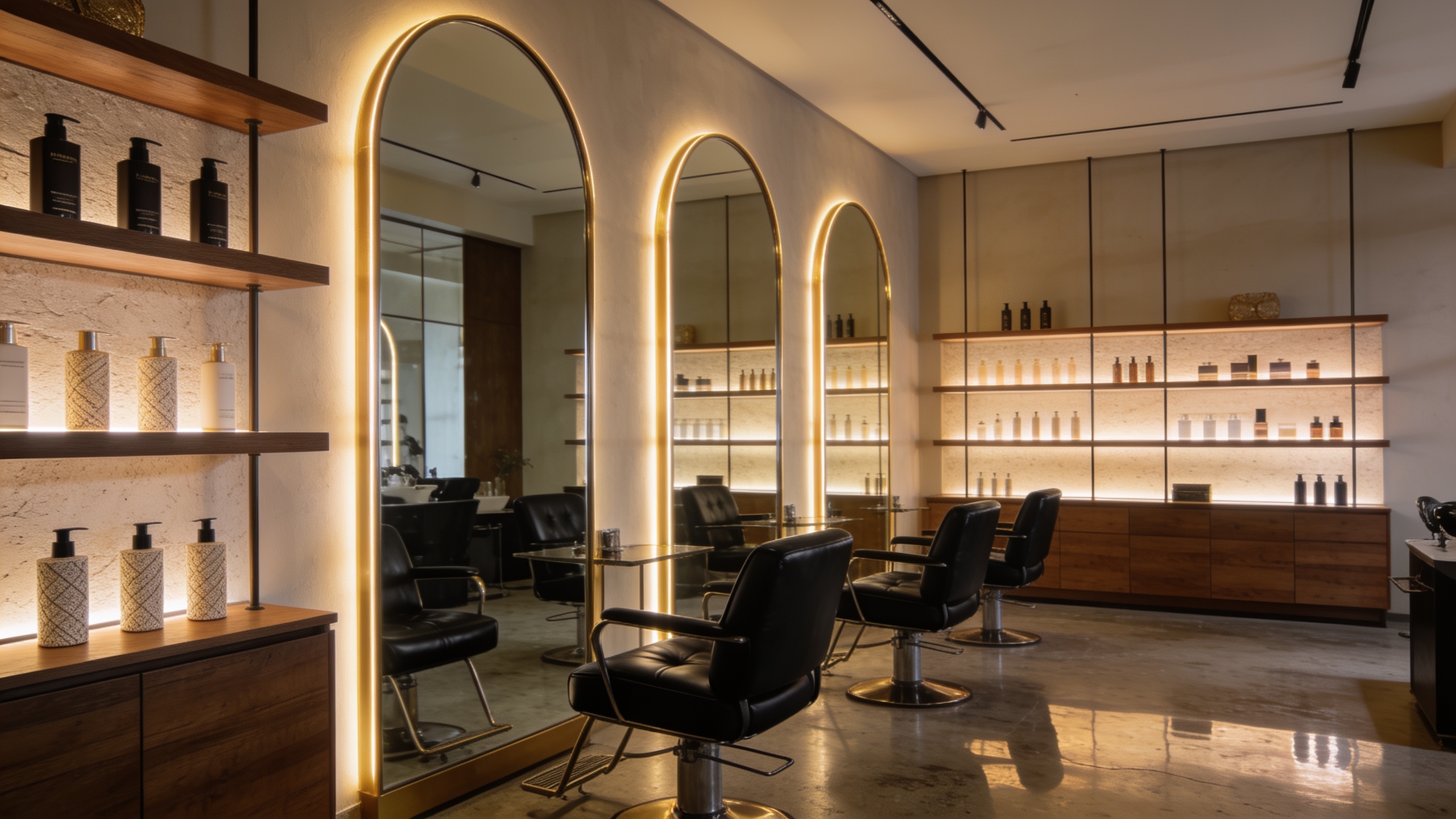 vue interieure elegante d un salon de coiffure contemporain avec fauteuils en cuir noir miroirs retroeclaires et etageres de produits capillaires premium style magazine