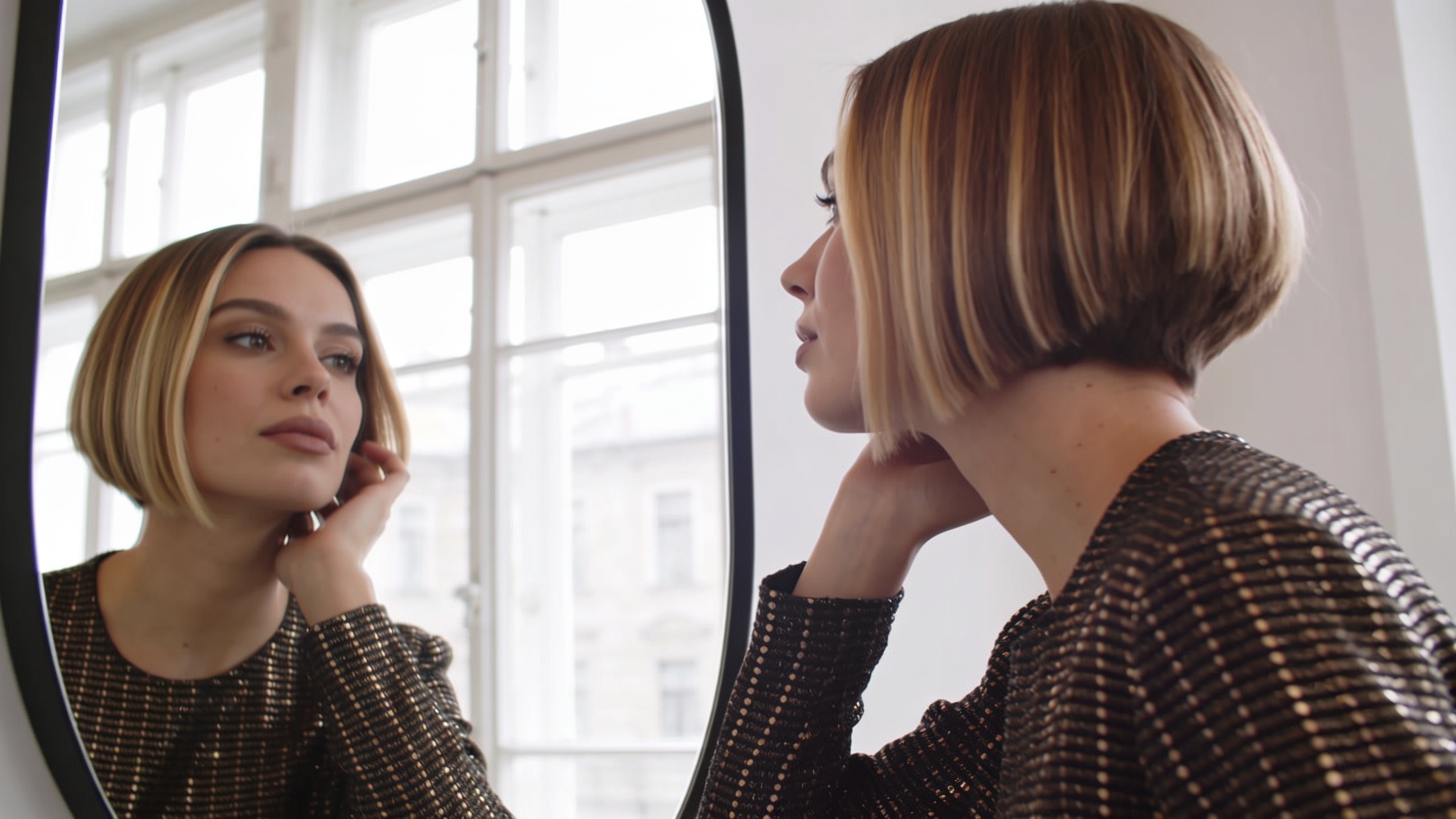femme elegante admirant sa nouvelle coupe carree impeccable dans le miroir d un salon de coiffure eclairage naturel doux et reflets dores