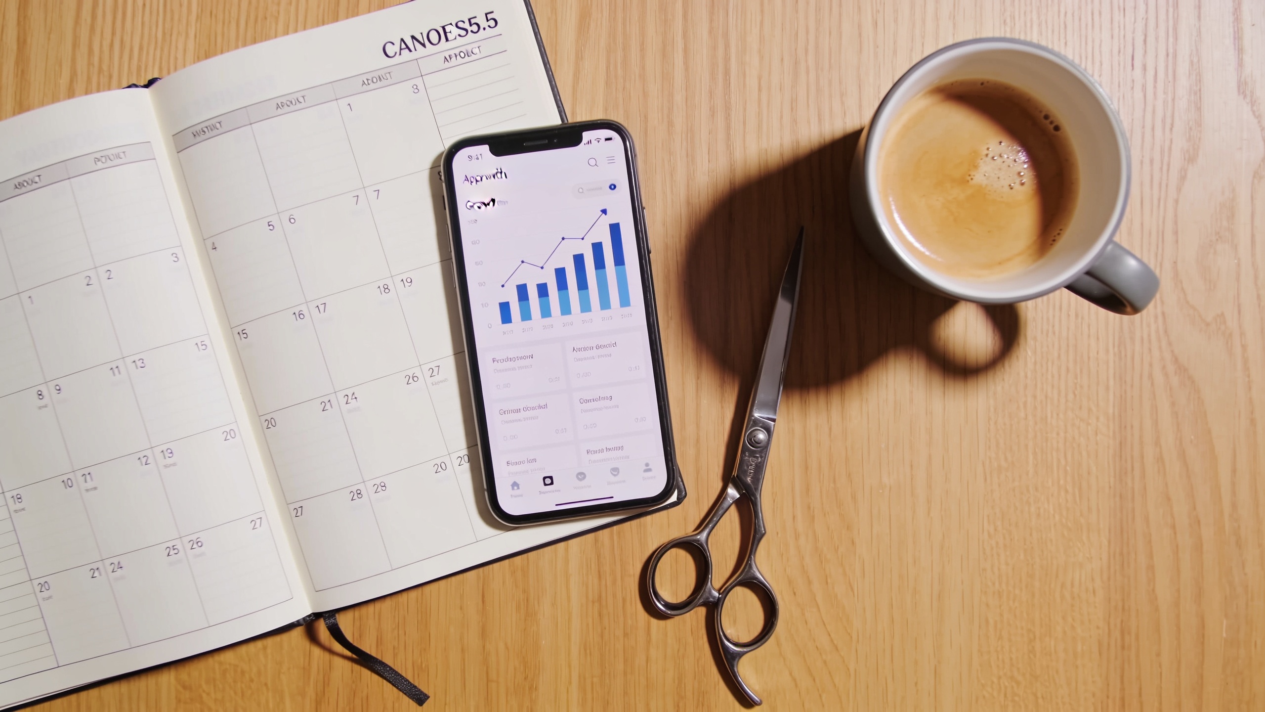 bureau epure avec smartphone affichant une interface d analyse marketing et carnet de rendez vous ouvert a cote de ciseaux de coiffeur professionnels