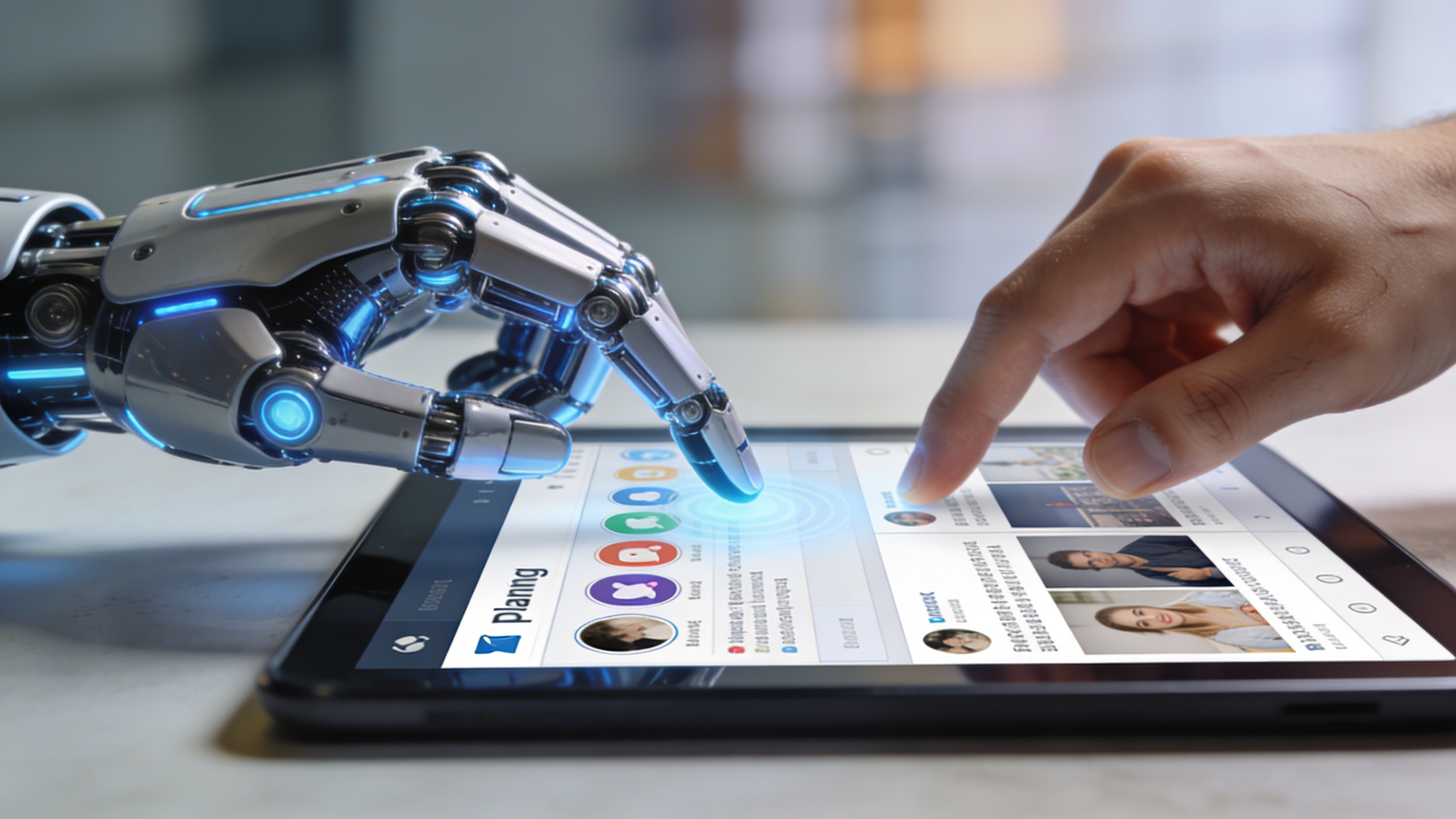 Une main robotique et une main humaine collaborant sur une tablette tactile, affichant une interface de planification de contenu pour les réseaux sociaux. Le robot symbolise l'automatisation et l'efficacité, tandis que la main humaine représente la créativité et la personnalisation. Lumière du jour, ambiance de travail moderne et collaborative. Style photo éditorial avec un léger flou artistique en arrière-plan.