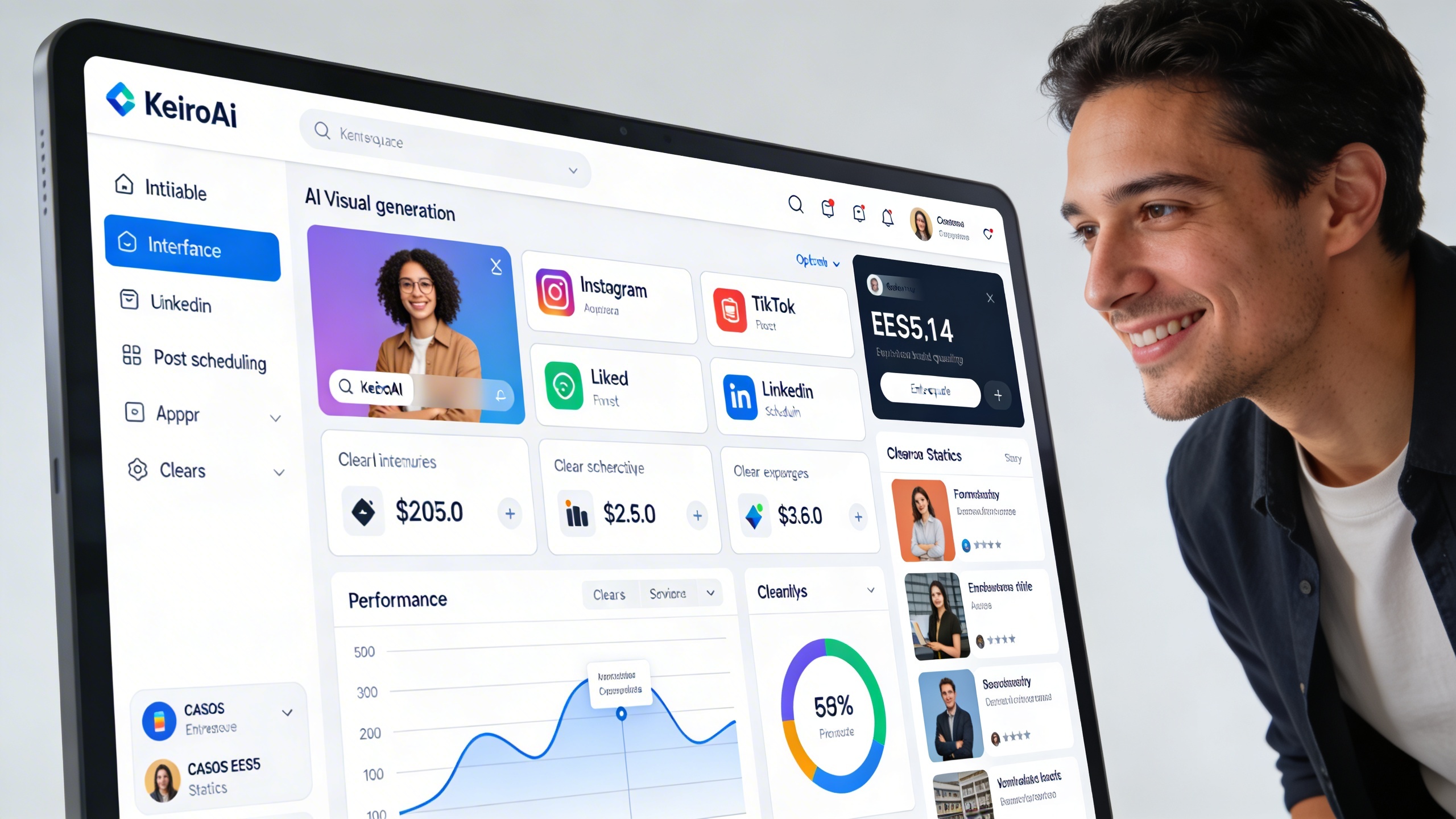 Interface utilisateur intuitive de KeiroAI sur un grand écran, affichant des options de génération de visuels IA, de planification de posts pour Instagram, TikTok et LinkedIn, et des statistiques de performance. Les couleurs sont modernes et conviviales, avec des icônes claires. Un entrepreneur observe l'écran avec un air satisfait et confiant. Style photo éditorial d'entreprise tech.