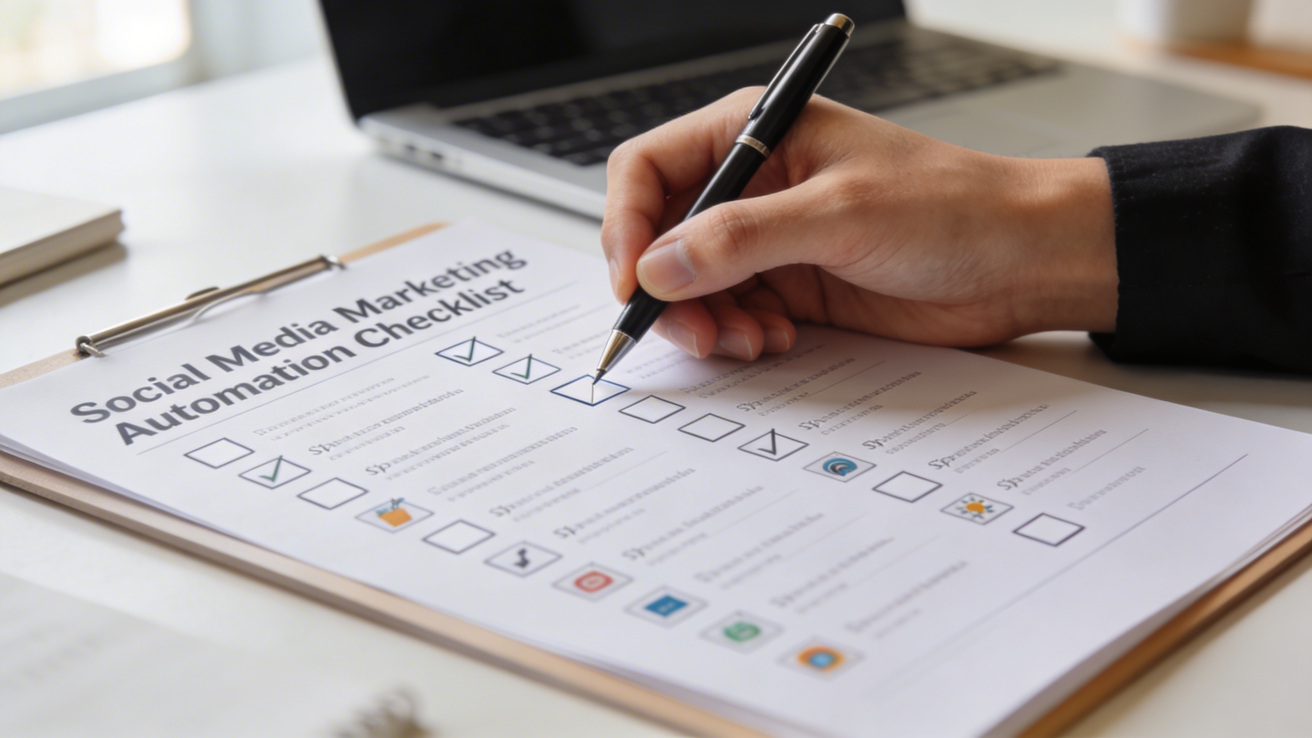 Une main d'entrepreneur tenant un stylo, cochant des cases sur une checklist détaillée pour l'automatisation du marketing sur les réseaux sociaux. La checklist est bien organisée avec des étapes claires et des icônes pour chaque tâche. Le fond est un bureau moderne et minimaliste, avec une lumière naturelle douce. Style photo éditorial, clair et inspirant.