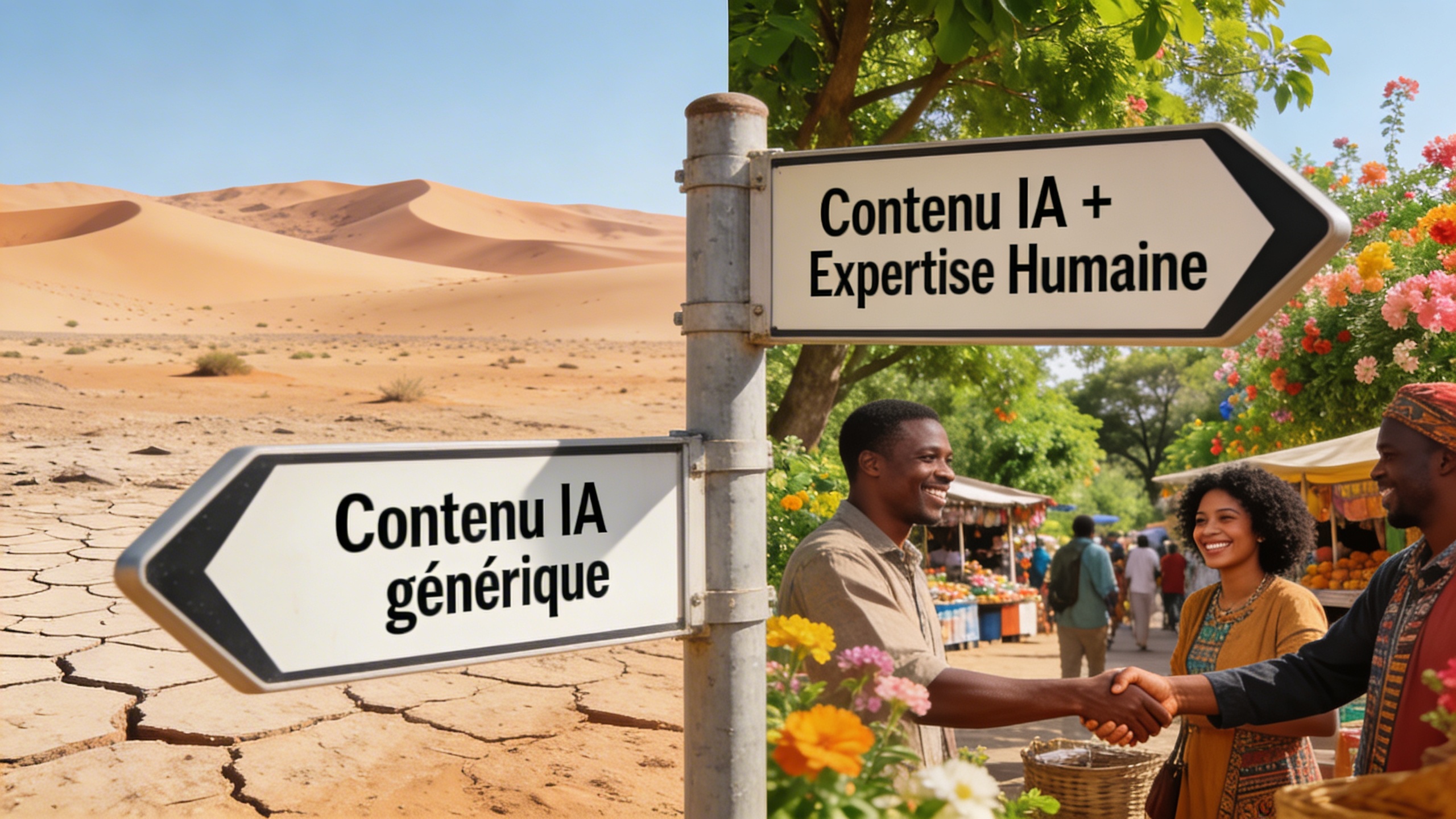 Deux chemins divergents sur un panneau de signalisation. Un chemin, étiqueté 'Contenu IA générique', est aride et désert. L'autre, étiqueté 'Contenu IA + Expertise Humaine', est verdoyant et florissant, avec des gens souriants qui interagissent. Le contraste est fort, symbolisant l'impact de la stratégie de contenu. Style illustration vectorielle moderne et colorée.