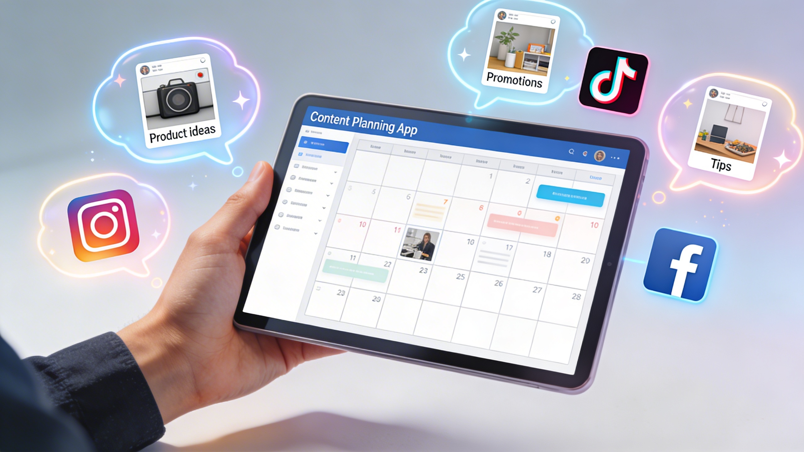 Une main d'entrepreneur utilisant une application de planification de contenu sur une tablette, avec des icônes de réseaux sociaux et des bulles d'idées de posts flottant autour. L'écran affiche une interface claire et intuitive pour la gestion de contenu, style illustration numérique lumineuse.