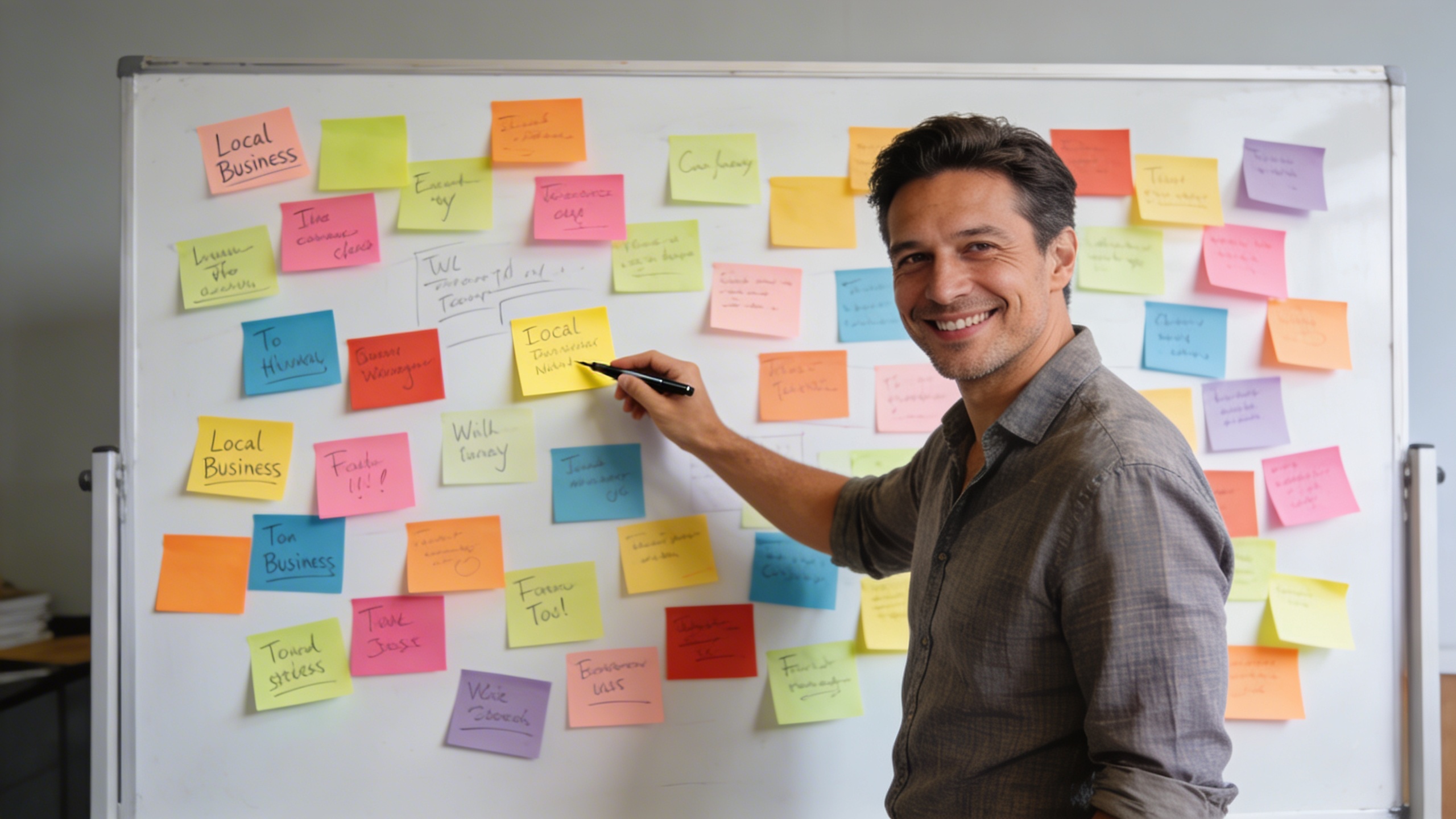 Un tableau blanc rempli de post-its colorés représentant des idées de contenu pour un commerce local : recettes, promotions, coulisses, témoignages clients. Un entrepreneur souriant pointe du doigt une idée, ambiance créative et collaborative, style photo réaliste, lumière naturelle.