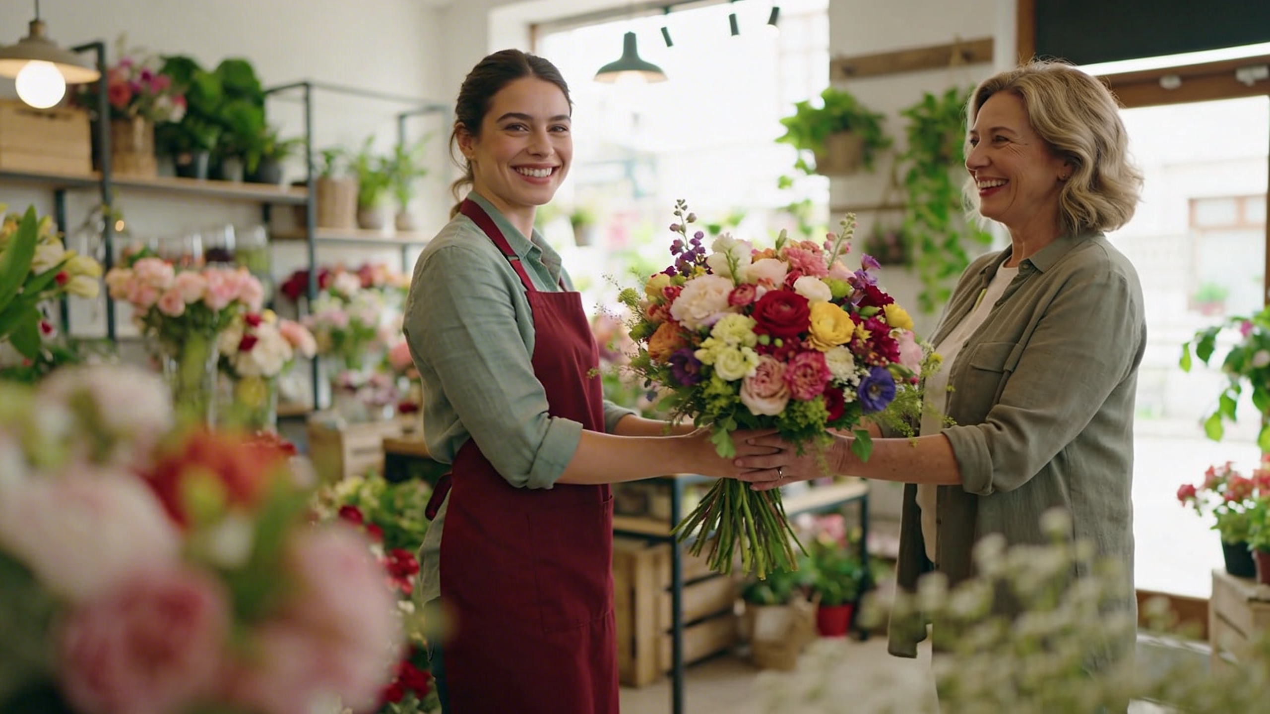 Une fleuriste souriante présentant un bouquet de fleurs fraîches et colorées à une cliente ravie, dans une boutique de fleurs lumineuse et accueillante. La scène est dynamique et pleine de vie, style photo réaliste avec une profondeur de champ artistique.