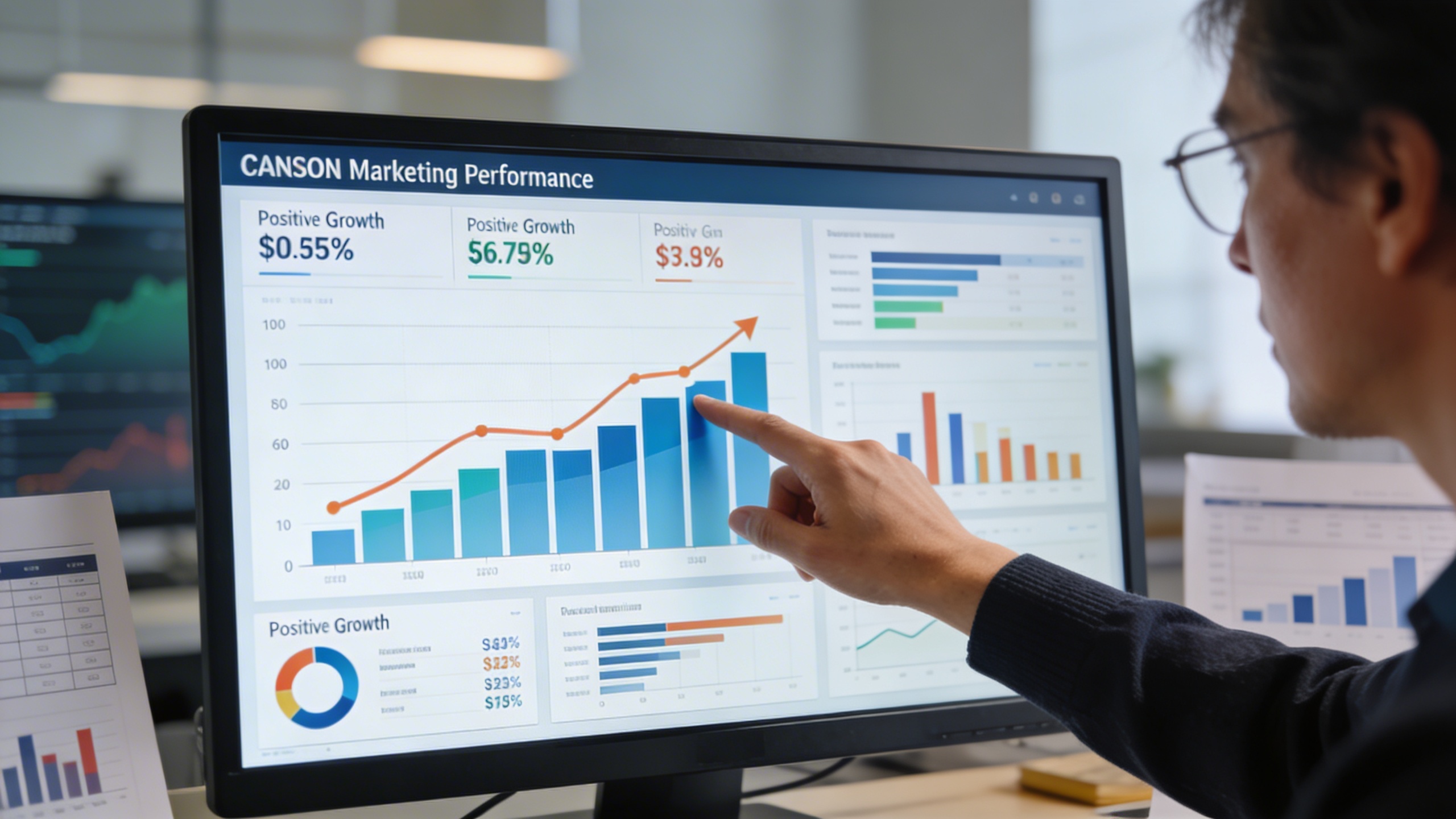 Une main analysant des graphiques de performance marketing sur un écran d'ordinateur, montrant des courbes de croissance et des statistiques positives. La scène est professionnelle et axée sur les données, avec une lumière d'ambiance et des éléments de tableau de bord, style photo réaliste.