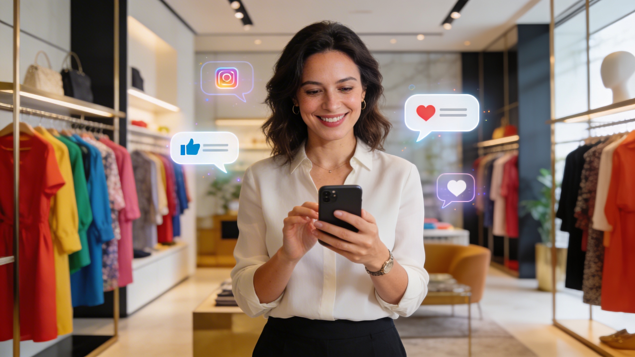 Une femme entrepreneur souriante et confiante, utilisant un smartphone pour gérer les réseaux sociaux de son commerce, avec des bulles de conversation et des icônes de likes flottant autour d'elle. L'arrière-plan est un magasin de vêtements moderne et bien rangé, style photo éditorial magazine.