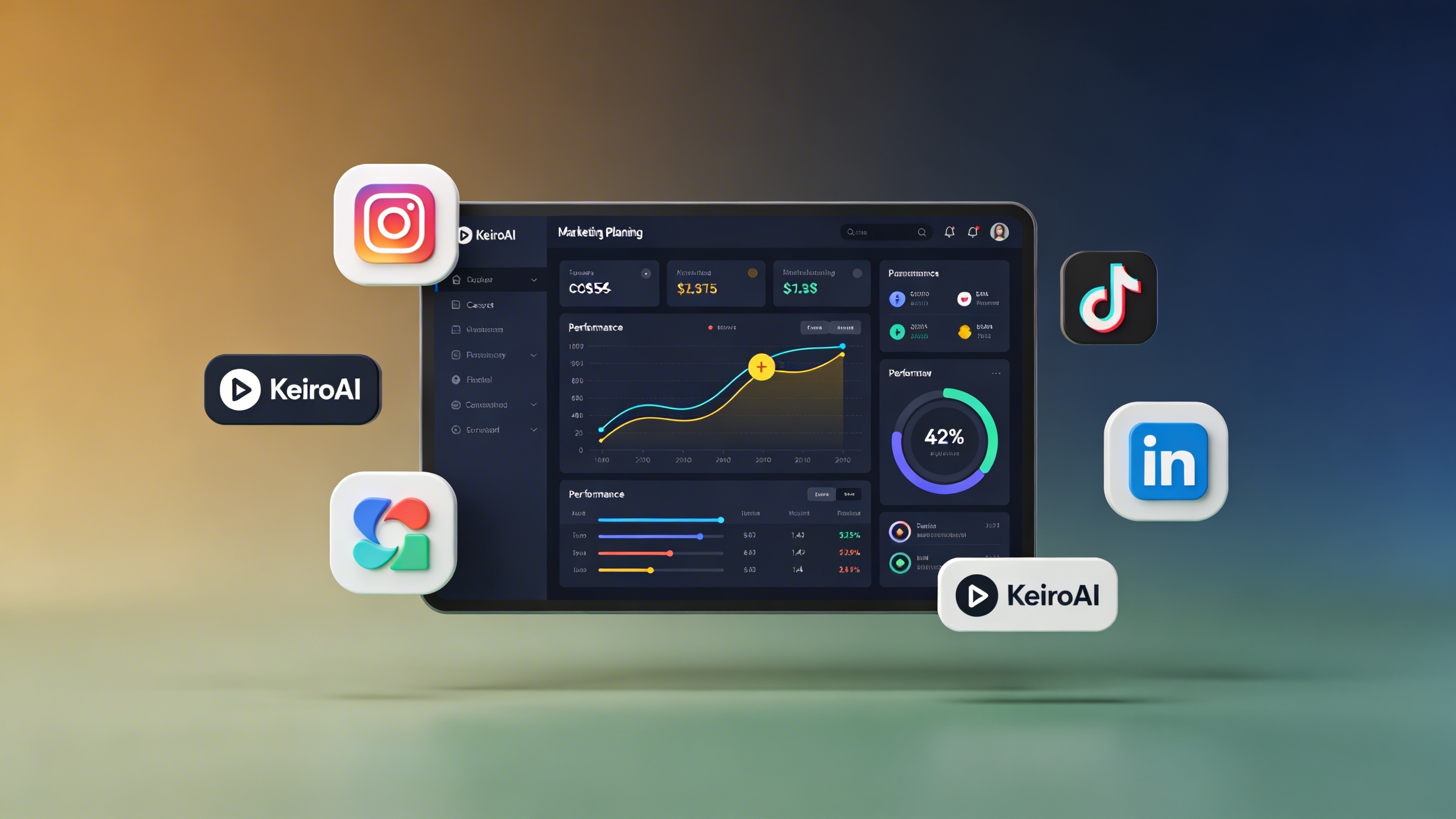 Une vue d'ensemble d'un tableau de bord de planification marketing avec des graphiques de performance positifs, des icônes de réseaux sociaux et le logo KeiroAI au centre. La scène est futuriste et technologique, symbolisant l'efficacité et l'innovation, style illustration 3D minimaliste.