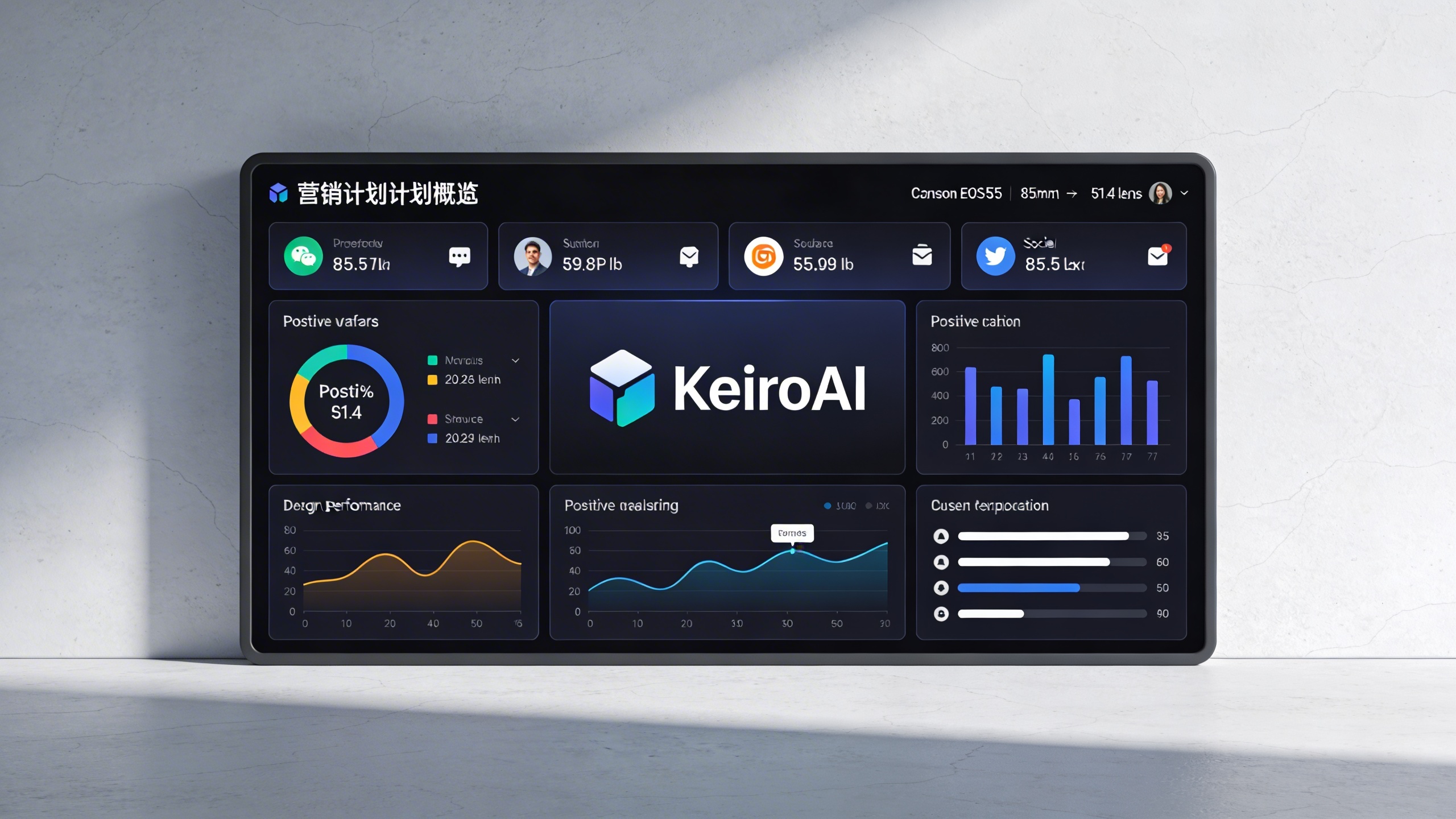 Une vue d'ensemble d'un tableau de bord de planification marketing avec des graphiques de performance positifs, des icônes de réseaux sociaux et le logo KeiroAI au centre. La scène est futuriste et technologique, symbolisant l'efficacité et l'innovation, style illustration 3D minimaliste.