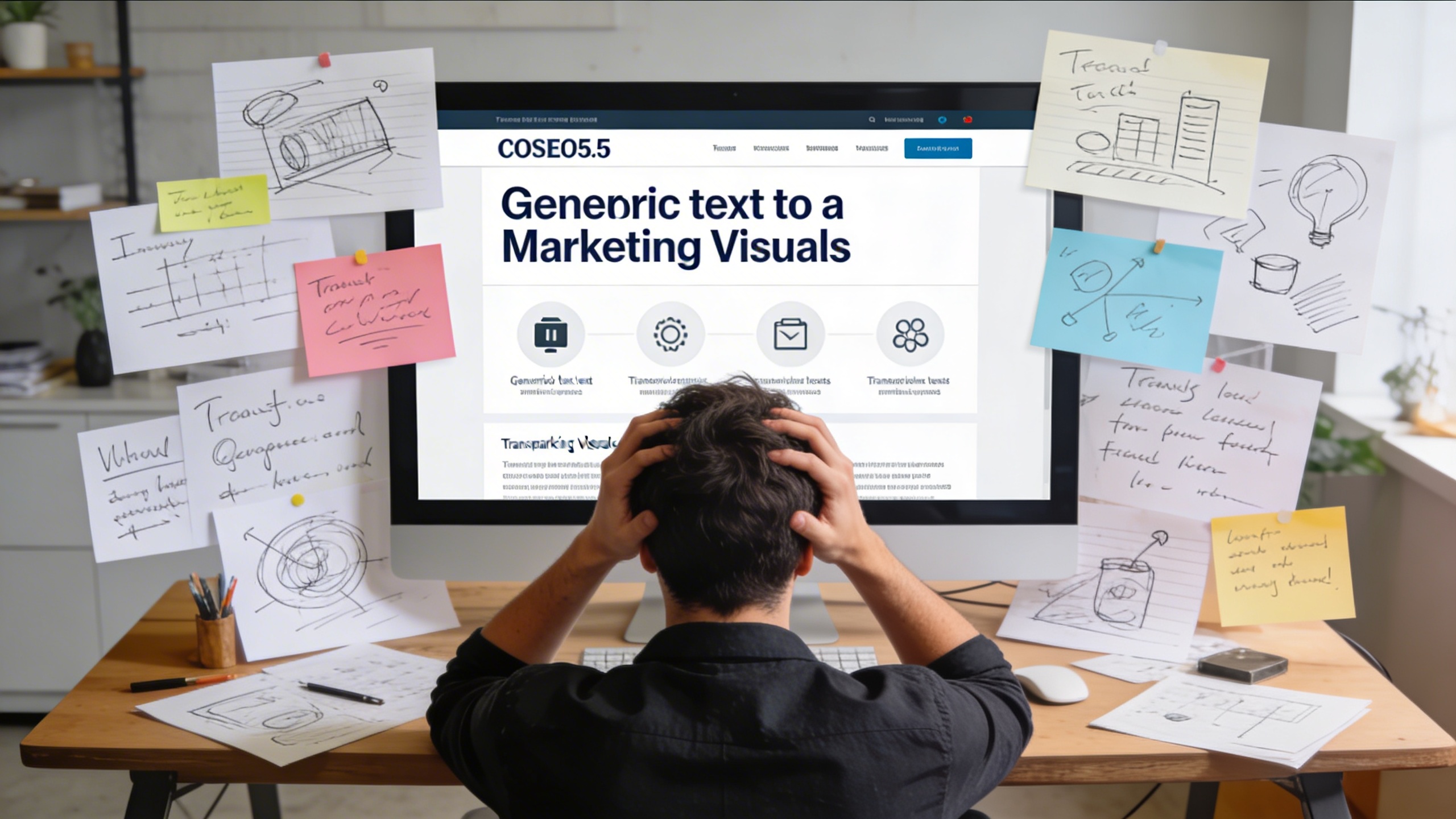 Une personne frustrée devant un écran d'ordinateur, entourée de notes et de croquis, essayant de transformer des descriptions textuelles de ChatGPT en visuels marketing cohérents. L'écran affiche du texte et des icônes génériques. L'ambiance est un peu chaotique, montrant les difficultés de la création visuelle sans outil dédié.