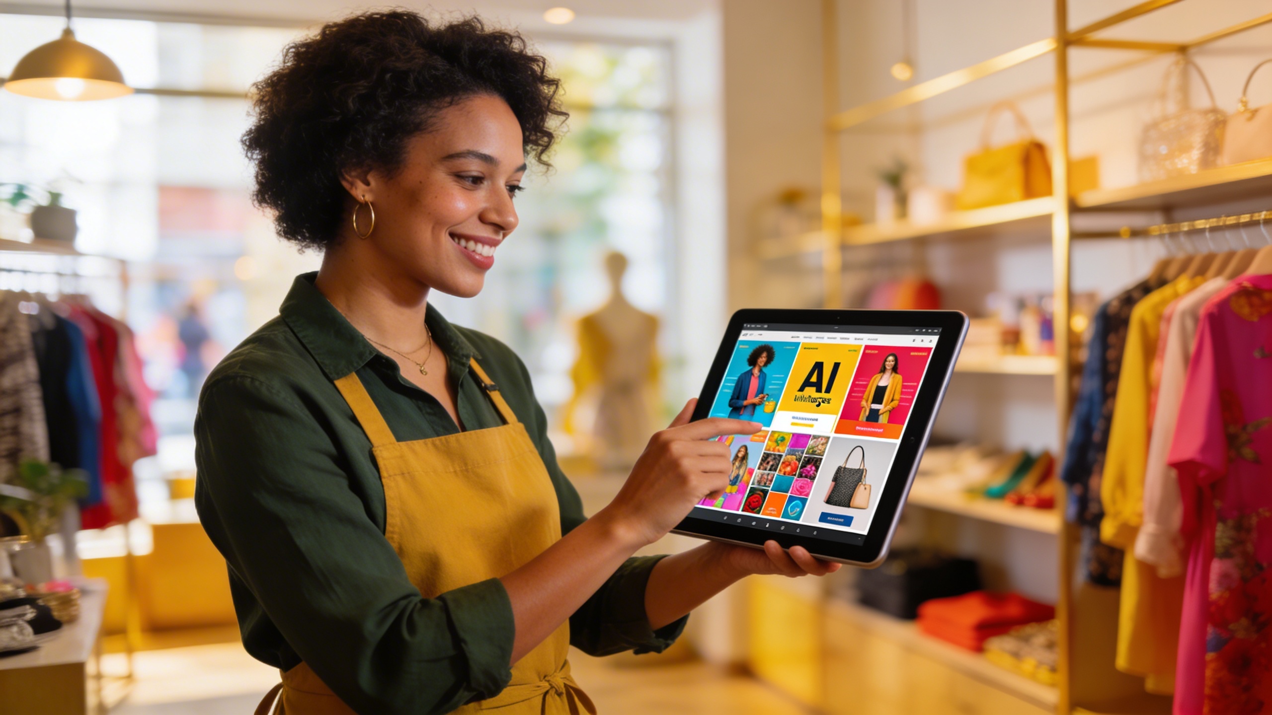 Un commerçant souriant et confiant, utilisant une tablette pour visualiser des visuels marketing époustouflants générés par IA pour sa boutique. Les visuels affichés sont professionnels, colorés et parfaitement adaptés à sa marque. L'arrière-plan montre l'intérieur moderne et bien rangé de son commerce. Lumière naturelle, style de vie éditorial.