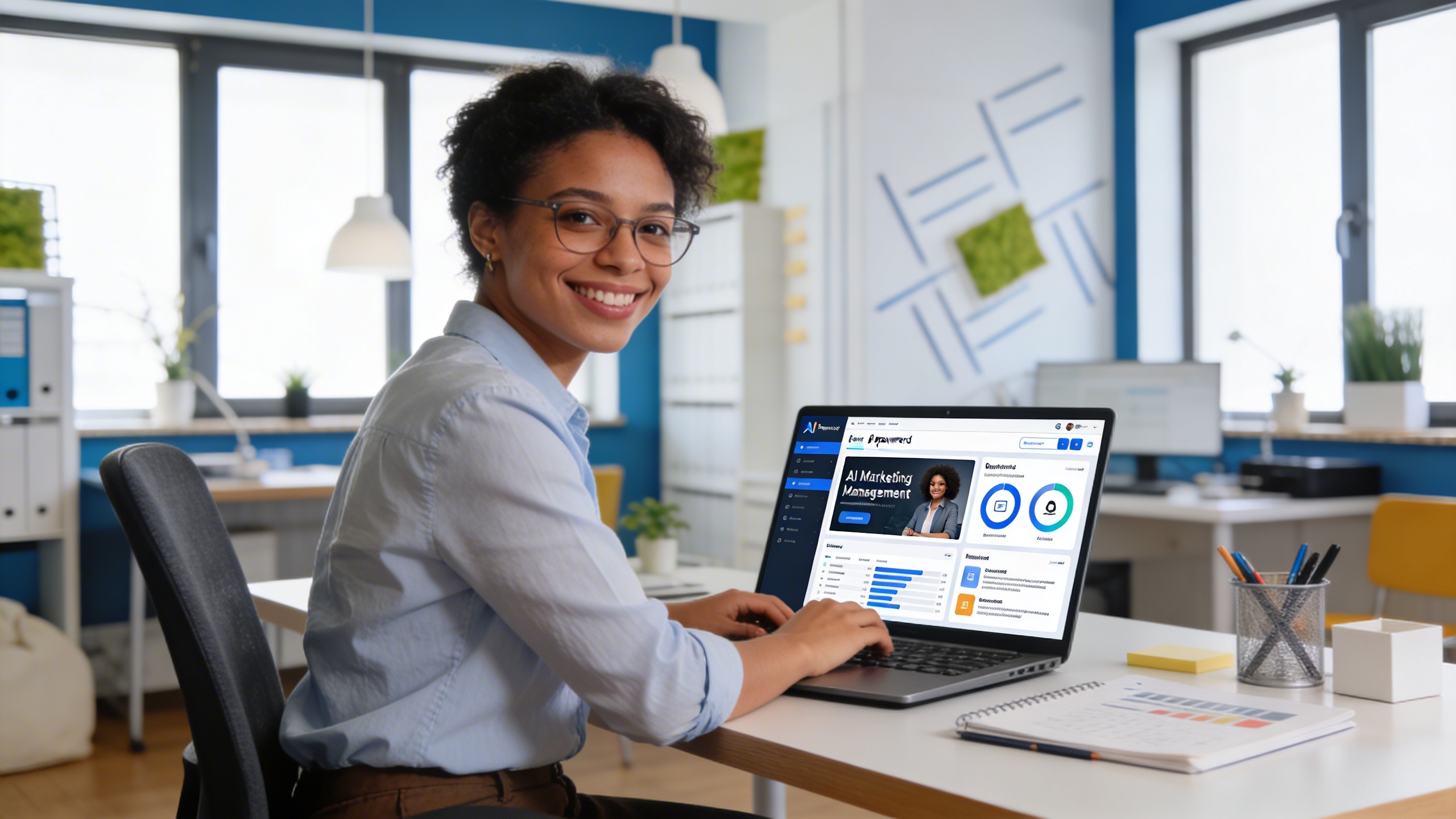 Un entrepreneur souriant et organisé, travaillant sur un ordinateur portable affichant une interface de gestion marketing. Sur l'écran, on voit des visuels générés par IA et des textes optimisés. Il est dans un espace de coworking lumineux et moderne, montrant l'efficacité et la synergie de l'utilisation combinée de ChatGPT et d'un outil spécialisé.