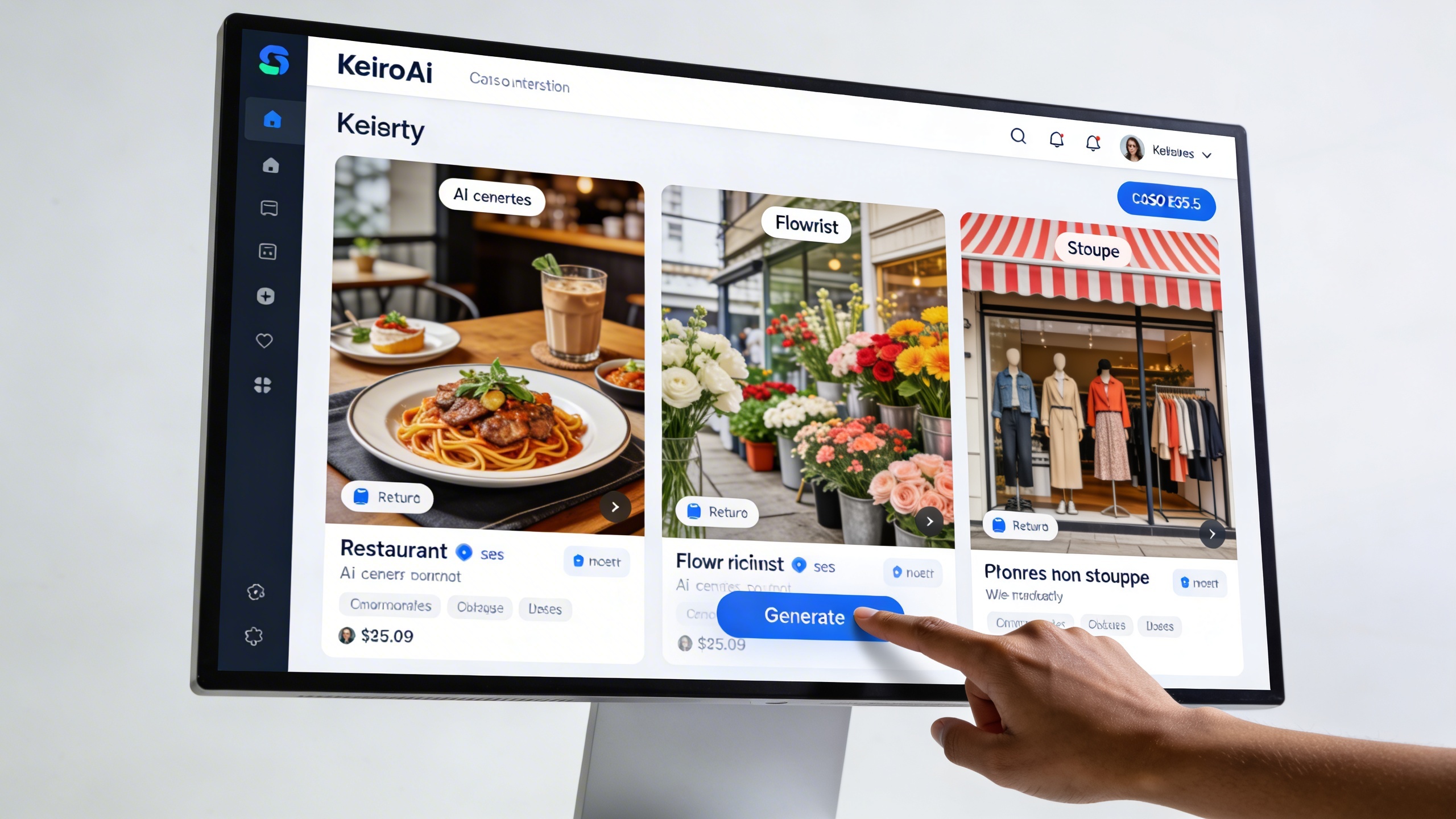 Une interface utilisateur épurée et moderne de KeiroAI sur un grand écran d'ordinateur, montrant des visuels marketing éclatants générés par IA pour différents types de commerces locaux (restaurant, fleuriste, boutique de vêtements). Une main pointe vers un bouton 'Générer', symbolisant la facilité d'utilisation. L'ambiance est technologique et innovante.
