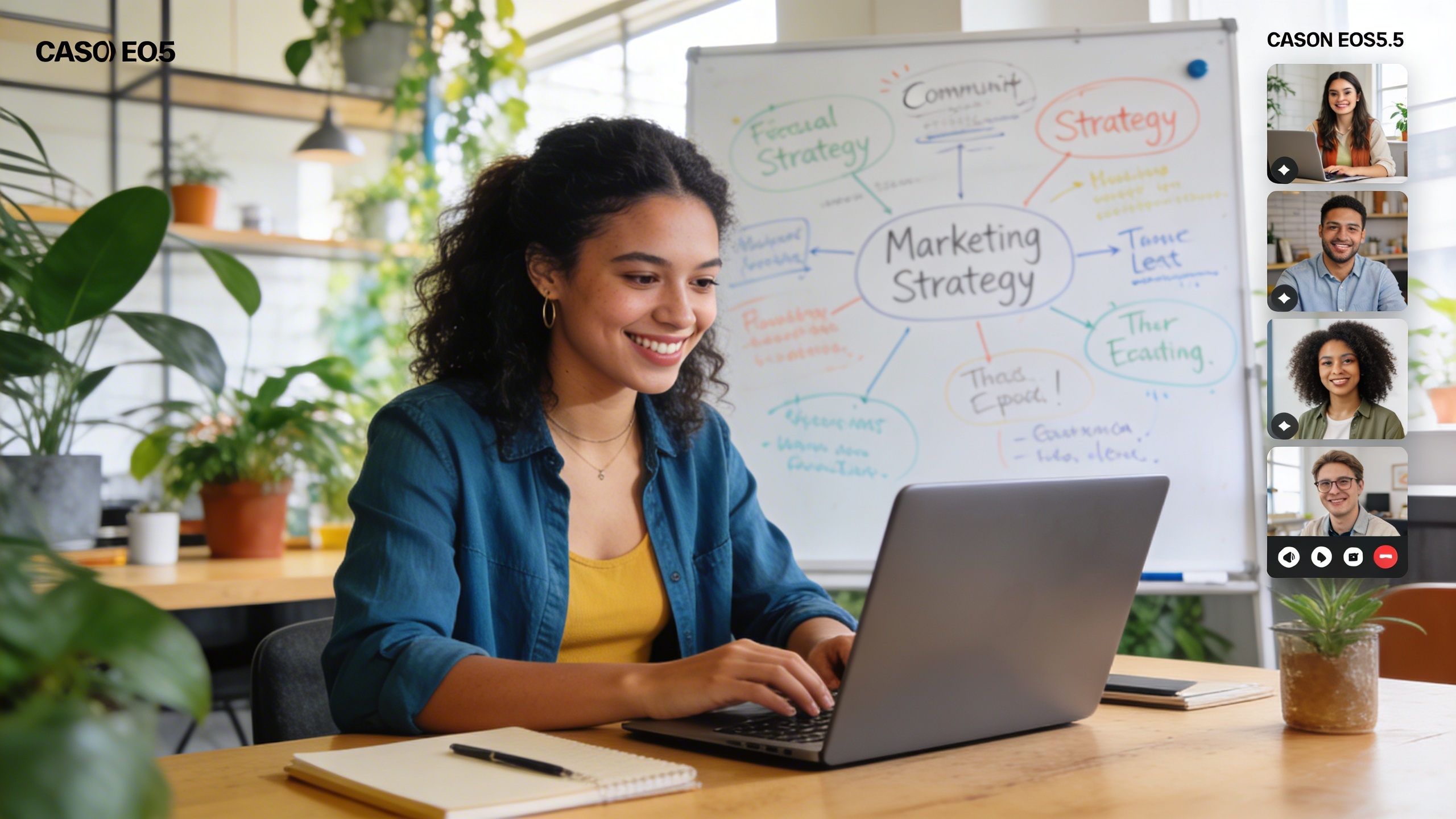 Une femme Community Manager souriante, jeune et dynamique, travaillant sur un ordinateur portable dans un espace de coworking lumineux, entourée de plantes et d'un tableau blanc avec des idées de stratégie marketing. Elle interagit virtuellement avec une communauté en ligne, montrant son expertise et son engagement. Style photo éditorial, lumière naturelle.