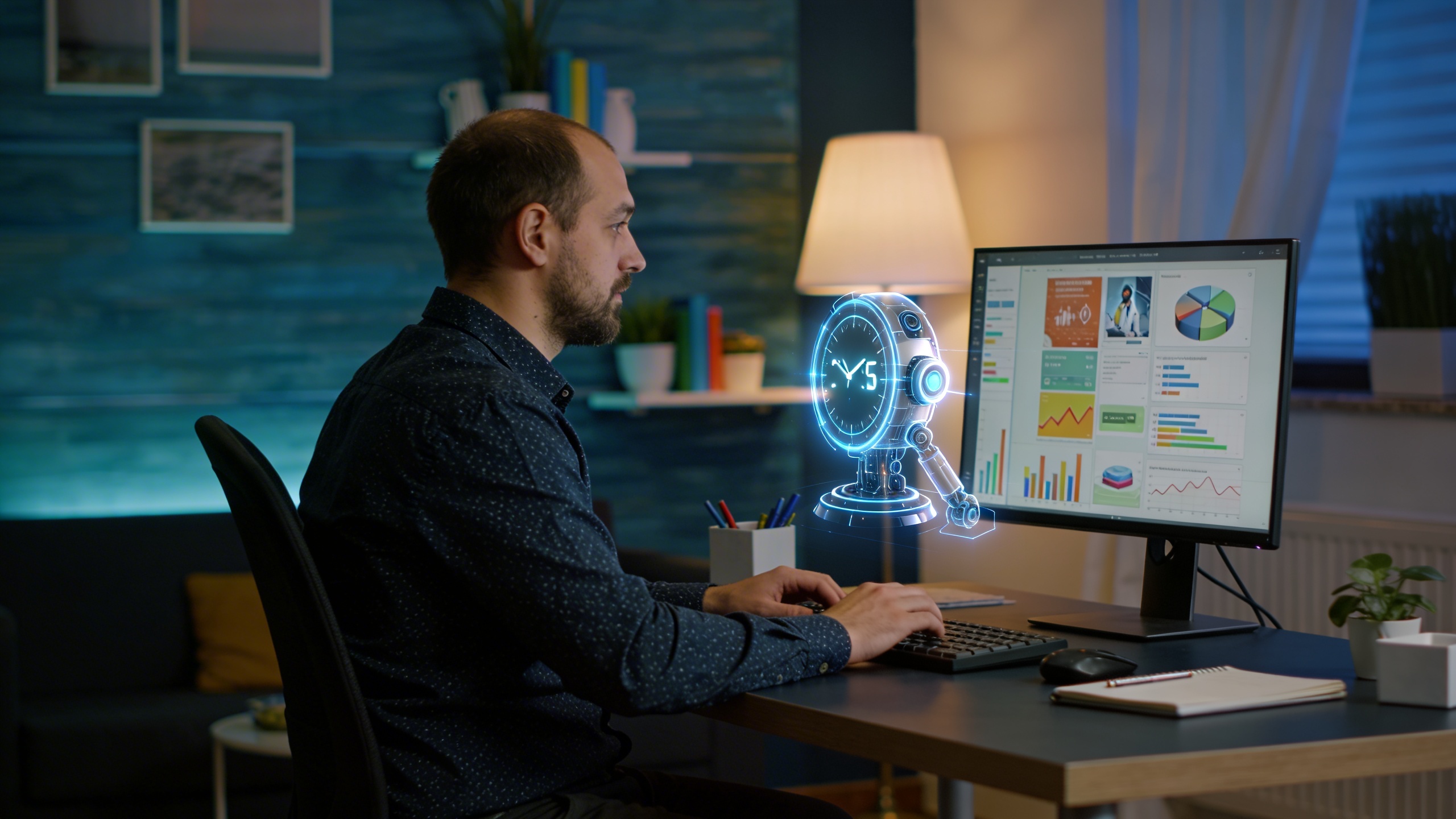 Un entrepreneur seul mais confiant, travaillant tard le soir dans son bureau moderne et bien rangé. Il regarde un écran d'ordinateur affichant des graphiques de marketing digital et des images générées par IA, symbolisant l'efficacité et le gain de temps. Lumière douce et ambiance studieuse, style photo réaliste et professionnelle.