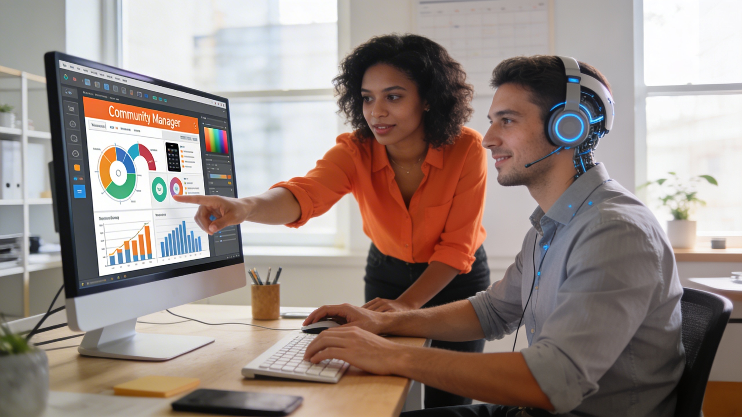 Deux personnes, un Community Manager et un expert en IA, collaborant devant un écran d'ordinateur affichant une interface de création de visuels marketing. L'ambiance est dynamique et collaborative, symbolisant la fusion des compétences humaines et technologiques pour optimiser le marketing digital. Style photo éditorial, lumière du jour.
