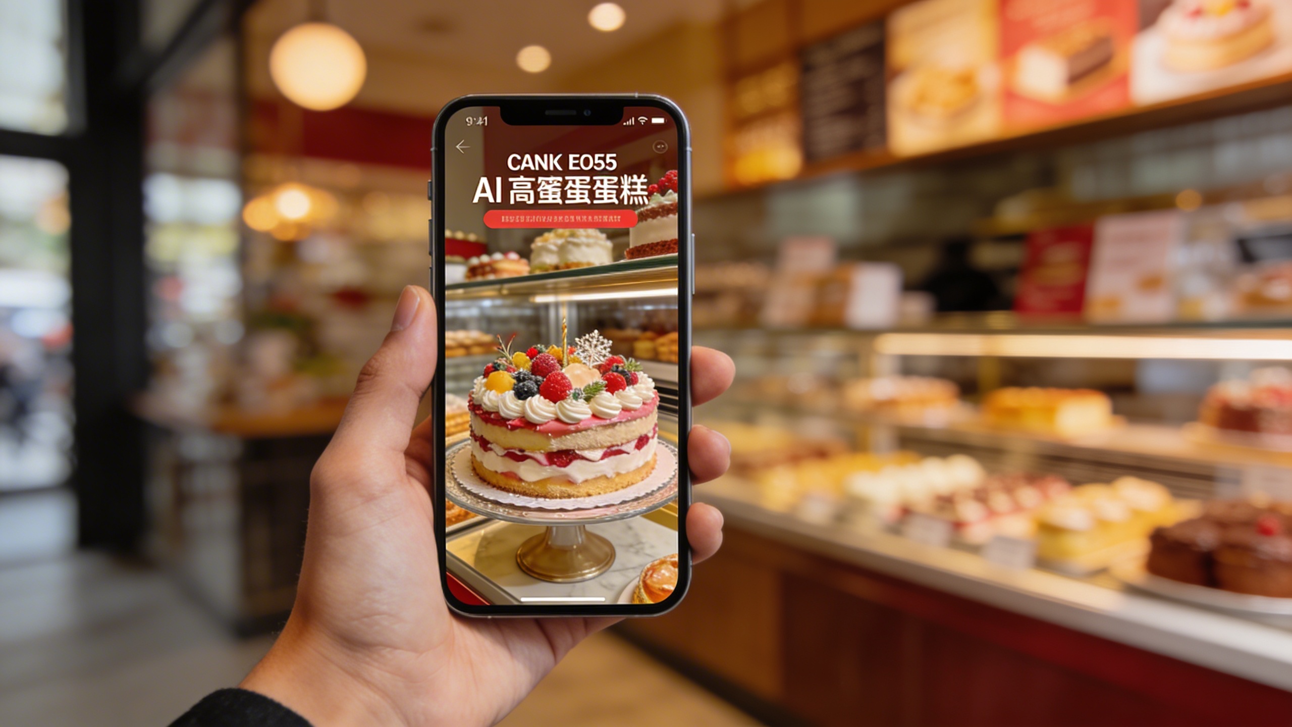 Un smartphone affichant un visuel marketing attrayant généré par IA pour un commerce local (par exemple, une pâtisserie avec un gâteau magnifiquement décoré), tenu par une main. En arrière-plan flou, on devine l'ambiance chaleureuse d'une boutique. La scène est lumineuse et met en valeur la facilité de création de contenu visuel de haute qualité. Style photo macro, focus sur le smartphone.