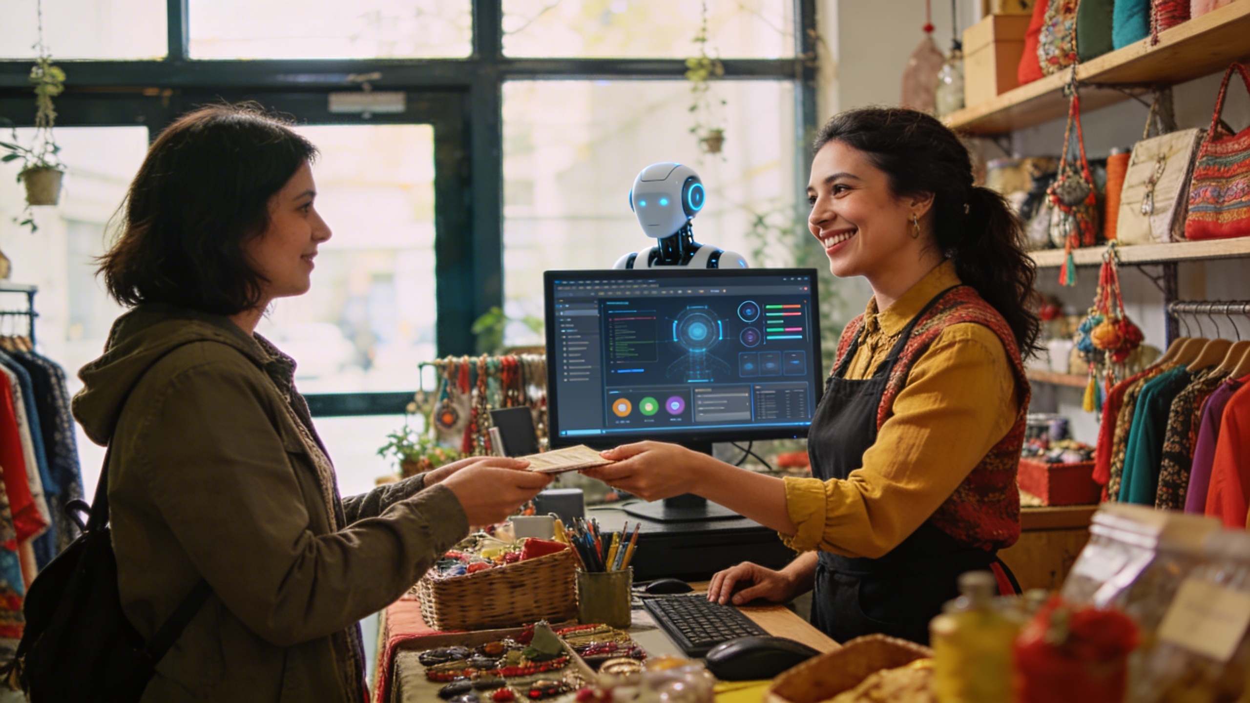Une commerçante locale souriante et engagée, interagissant directement avec un client dans sa boutique animée, pendant qu'en arrière-plan, un écran d'ordinateur affiche discrètement des outils d'IA fonctionnant en tâche de fond pour la gestion marketing. Cela illustre la synergie entre le contact humain authentique et l'efficacité de l'IA. Lumière naturelle, ambiance conviviale.