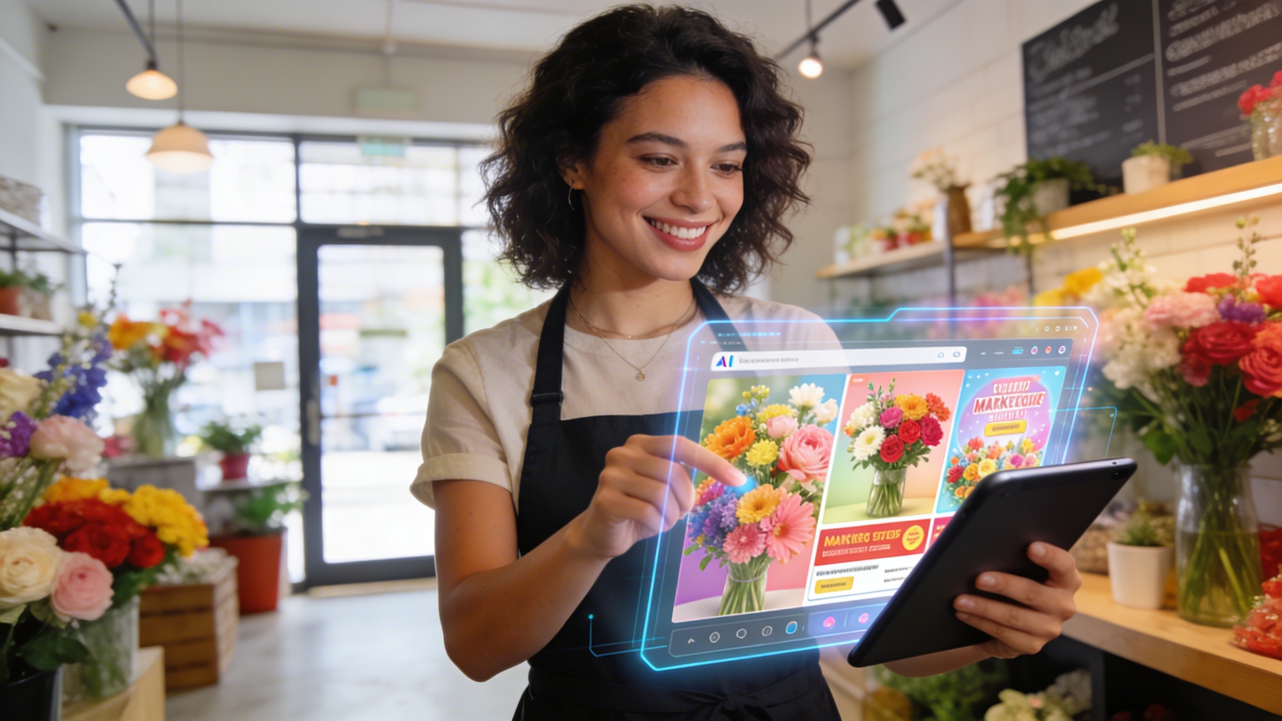 Une entrepreneure souriante et dynamique, gérante d'une petite boutique de fleurs, utilise une tablette pour générer des visuels marketing éclatants grâce à une interface IA intuitive, affichant des fleurs colorées et des promotions. L'arrière-plan montre l'intérieur moderne et accueillant de son commerce. Lumière naturelle, composition éditoriale, couleurs vives et optimistes.