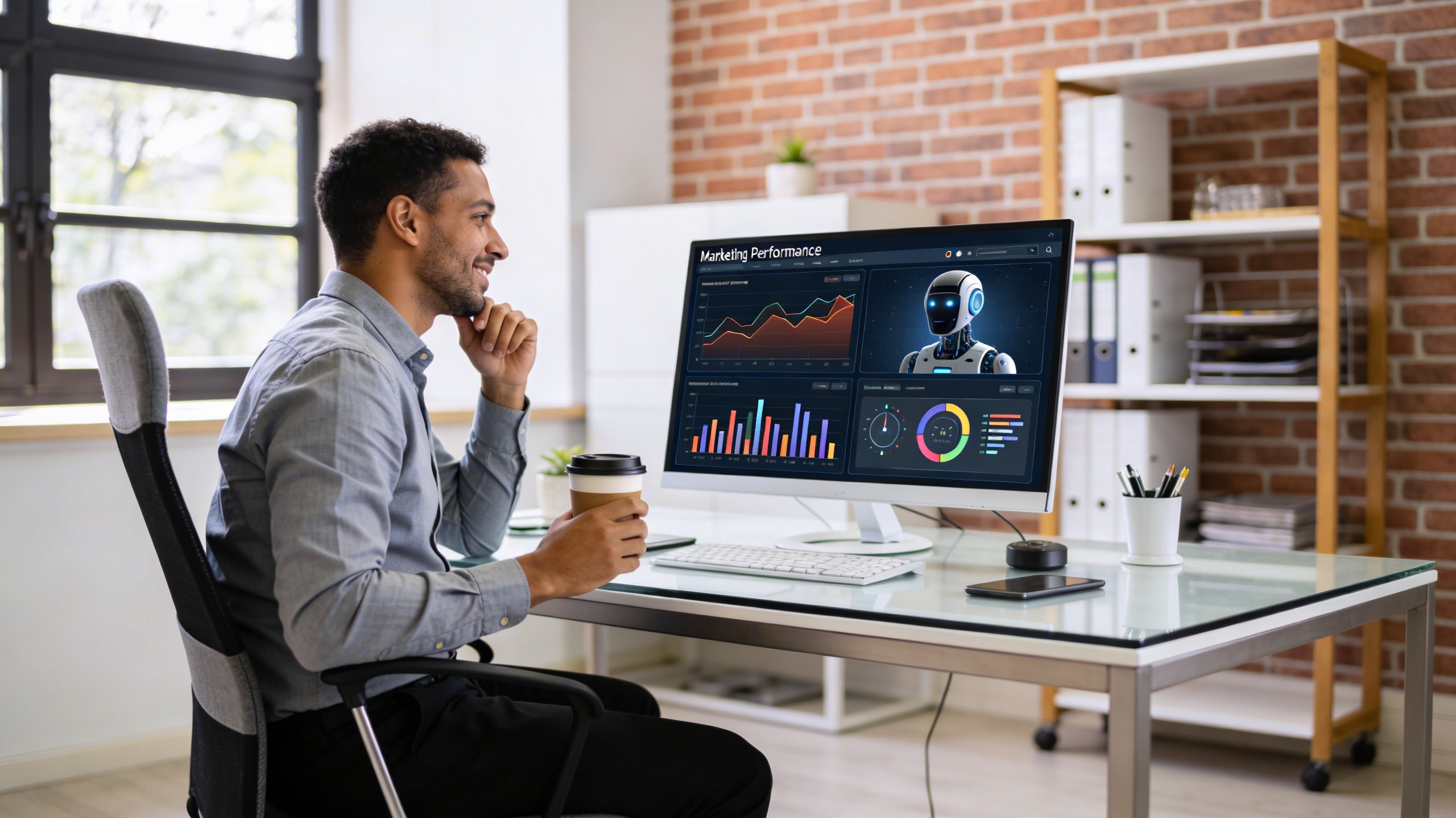 Un entrepreneur local, tenant une tasse de café, regarde son écran d'ordinateur où des graphiques de performance marketing sont affichés à côté d'une interface de création de visuels IA. Son expression est pensive mais optimiste, montrant la prise de décision stratégique. L'ambiance est celle d'un bureau moderne et rangé avec une lumière douce. Style photo éditorial, haute définition.