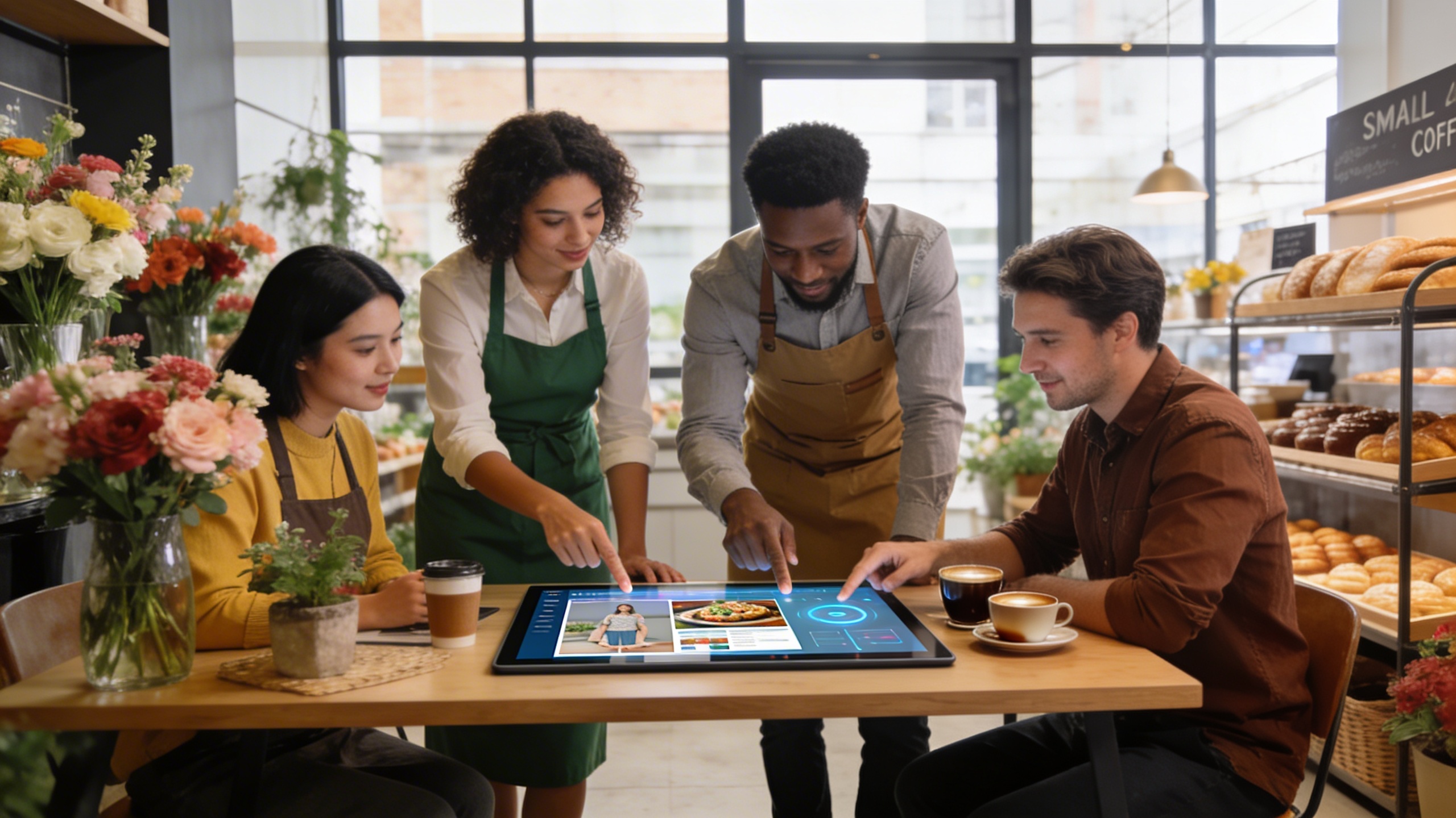 Une équipe de petits entrepreneurs et commerçants locaux (fleuriste, boulanger, propriétaire de café) collaborent autour d'une table, partageant des idées de marketing digital et utilisant des écrans tactiles pour visualiser des campagnes créées avec l'IA. L'ambiance est conviviale et innovante, montrant la force de la collaboration humaine et technologique. Style photo réaliste, lumière naturelle, composition dynamique.