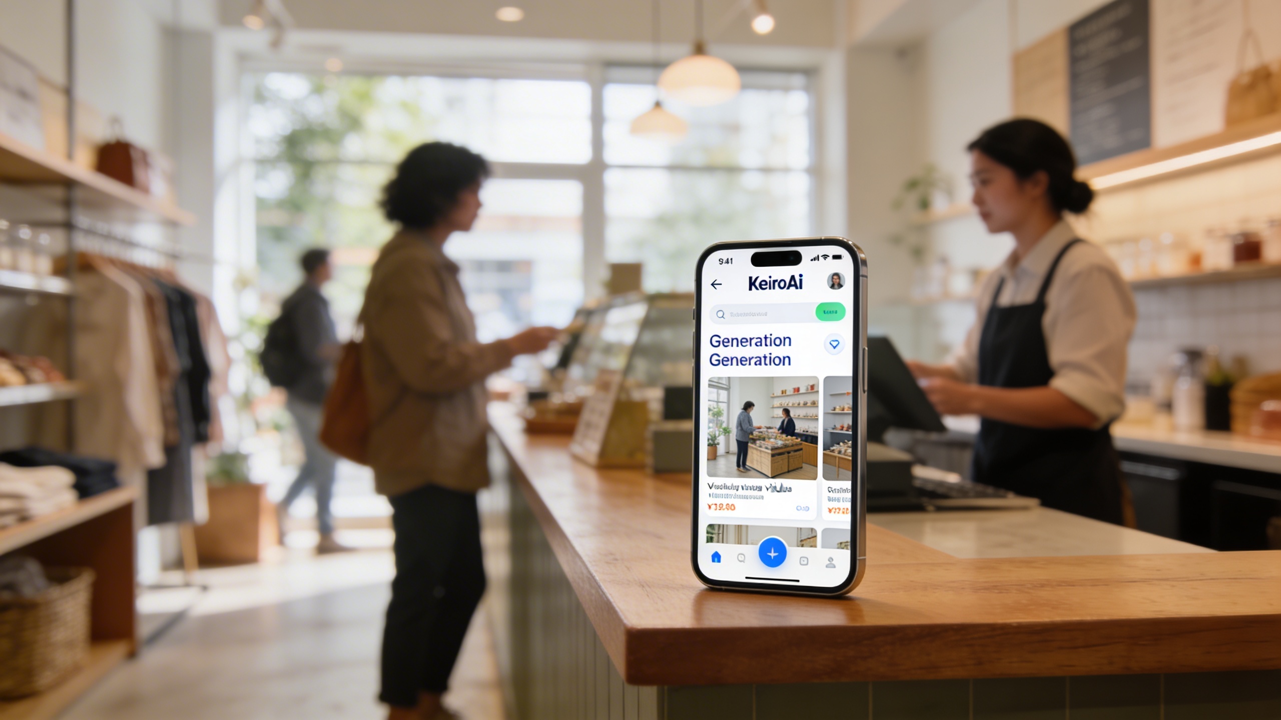 Un smartphone affichant l'interface conviviale de KeiroAI pour la génération de visuels, posé sur un comptoir en bois d'une boutique locale moderne. En arrière-plan flou, des clients interagissent avec le personnel. La lumière est douce et naturelle, évoquant la simplicité et l'efficacité de l'outil pour les commerçants. Style photo éditorial, haute définition.
