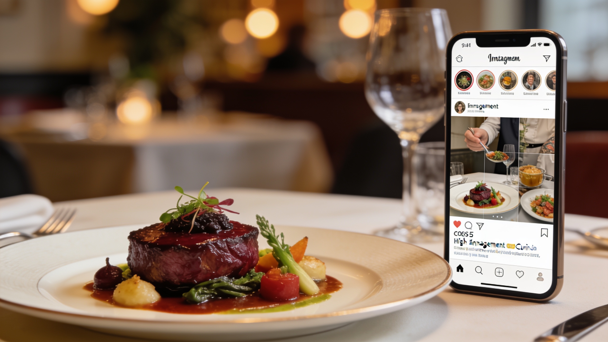 Gros plan sur un plat gastronomique magnifiquement dressé dans un restaurant élégant, avec des lumières douces en arrière-plan et un smartphone affichant un taux d'engagement élevé pour un post culinaire, style photo éditorial haute résolution, couleurs riches et profondes, bokeh subtil.