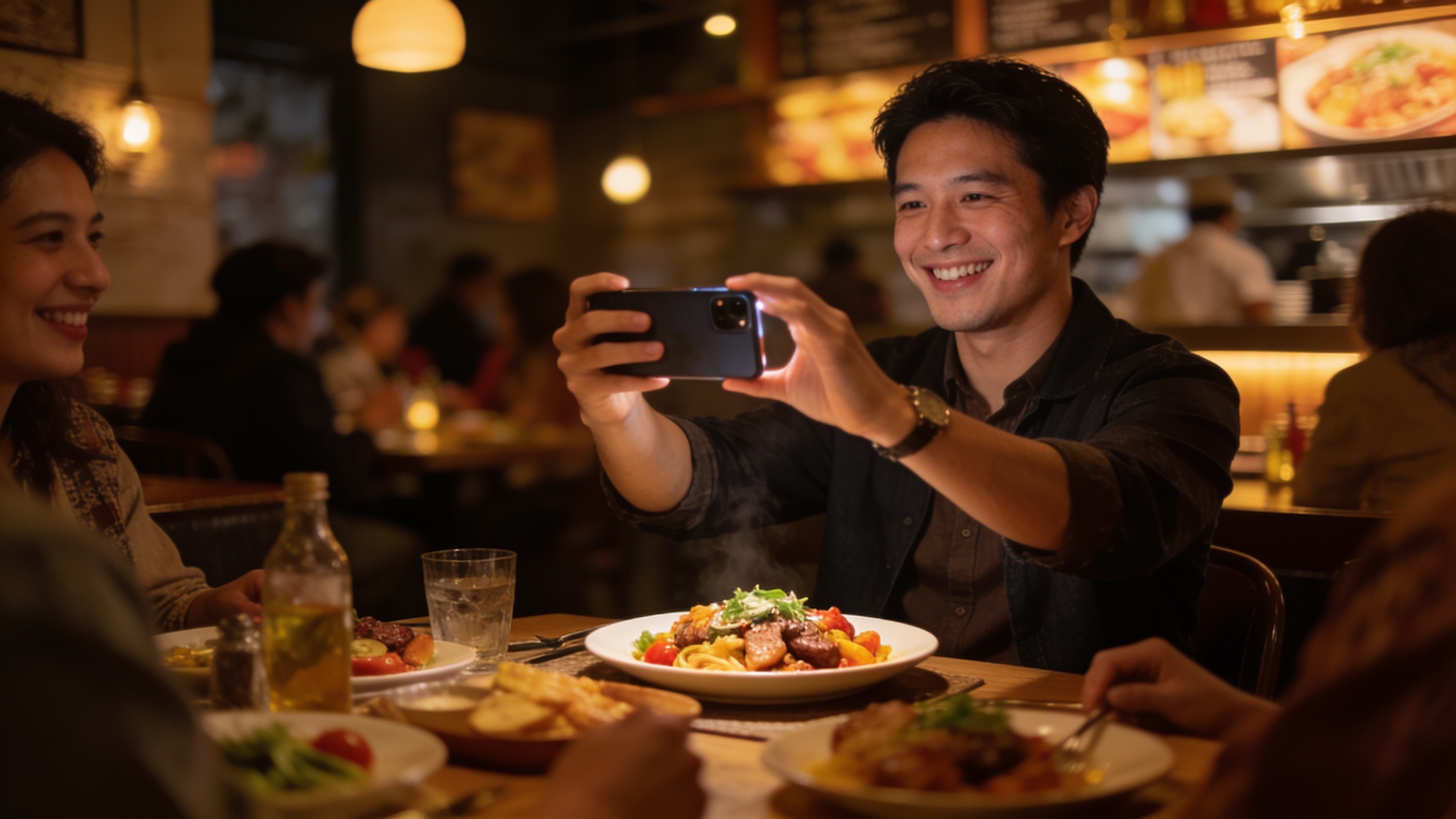 Client souriant et enthousiaste filmant son plat avec son smartphone dans un restaurant animé, ambiance chaleureuse et conviviale, style photo réaliste, lumière tamisée, composition dynamique pour capturer l'action.