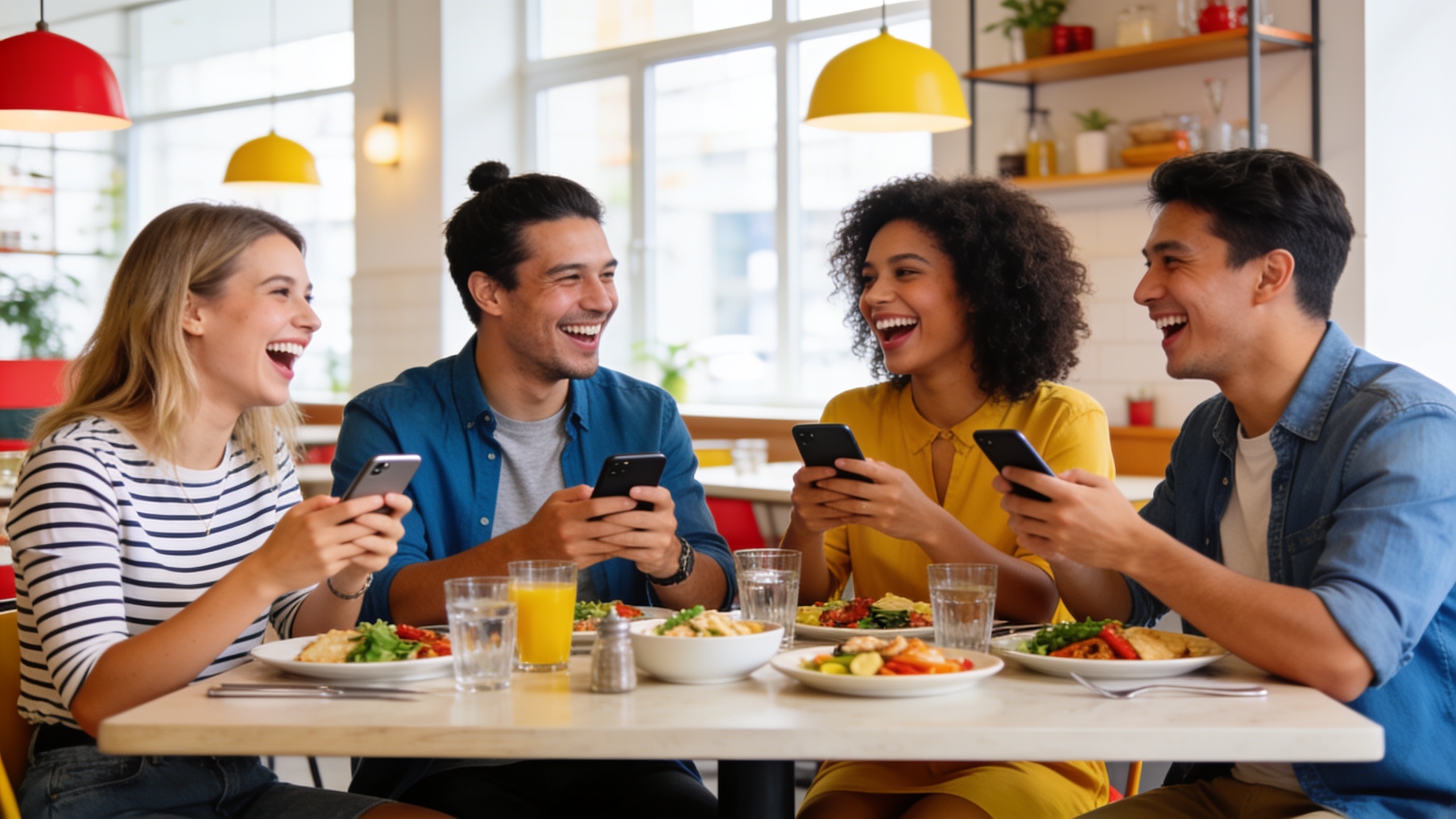 Un groupe d'amis riant et partageant un repas dans un restaurant moderne et lumineux, chacun interagissant avec son smartphone, montrant l'aspect communautaire et le partage d'expérience, style photo éditorial, couleurs vives et naturelles, composition conviviale.