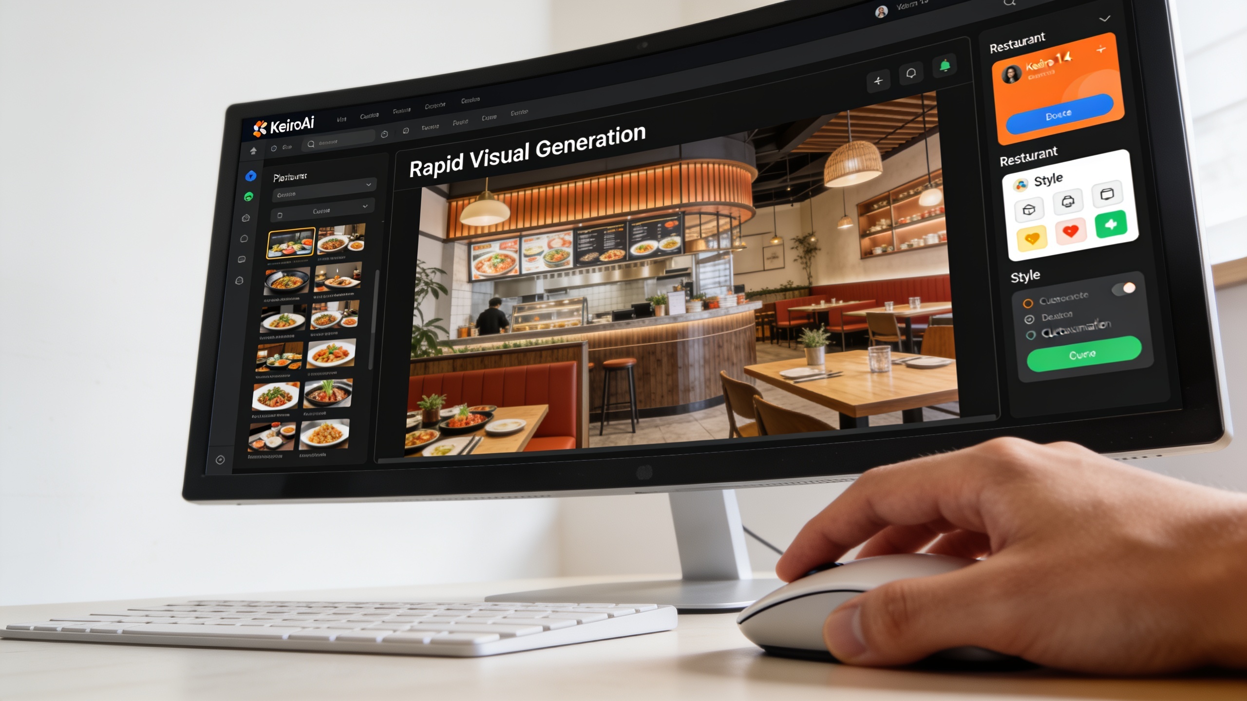 Interface utilisateur de la plateforme KeiroAI sur un grand écran d'ordinateur, montrant la génération rapide de visuels pour un restaurant, avec des options de style et de personnalisation, une main manipulant une souris, ambiance de travail moderne et efficace, style UI/UX design réaliste.