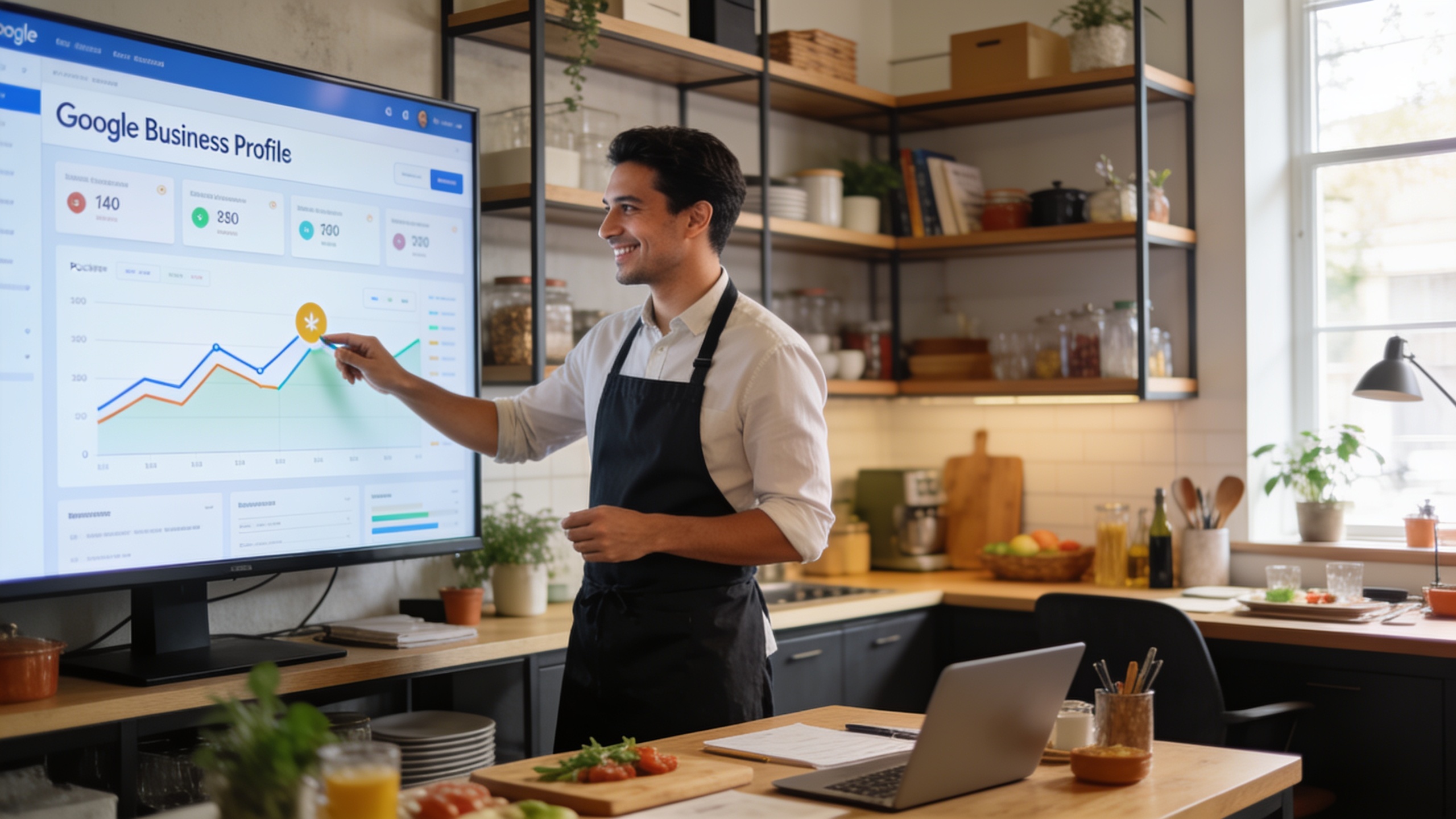 Un restaurateur confiant et souriant vérifiant les statistiques de son Google Business Profile sur un grand écran, avec des graphiques de croissance positive, dans une ambiance de travail organisée et moderne, style photo réaliste, lumière du jour, composition professionnelle.