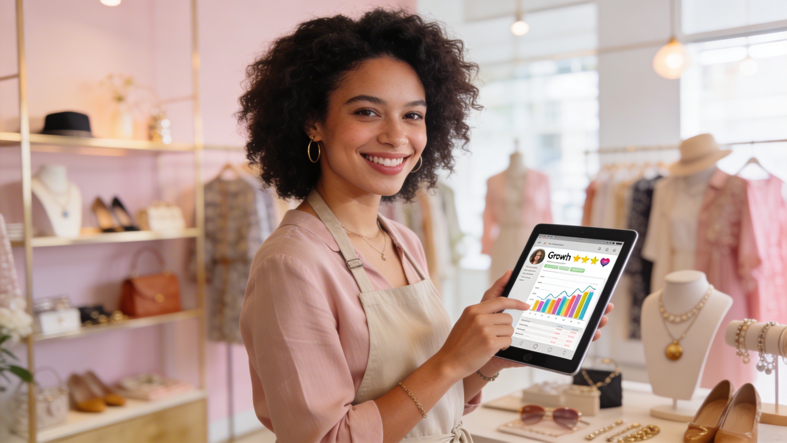 Une femme gérante d'une petite boutique indépendante de mode, souriante et confiante, utilisant une tablette pour consulter des statistiques de réseaux sociaux montrant une croissance et un engagement positifs. Son commerce est en arrière-plan, flou mais chaleureux et stylé, avec des vêtements élégants et des accessoires. Lumière douce et naturelle, ambiance authentique et moderne, style photo éditorial magazine avec des couleurs pastel et une composition équilibrée.