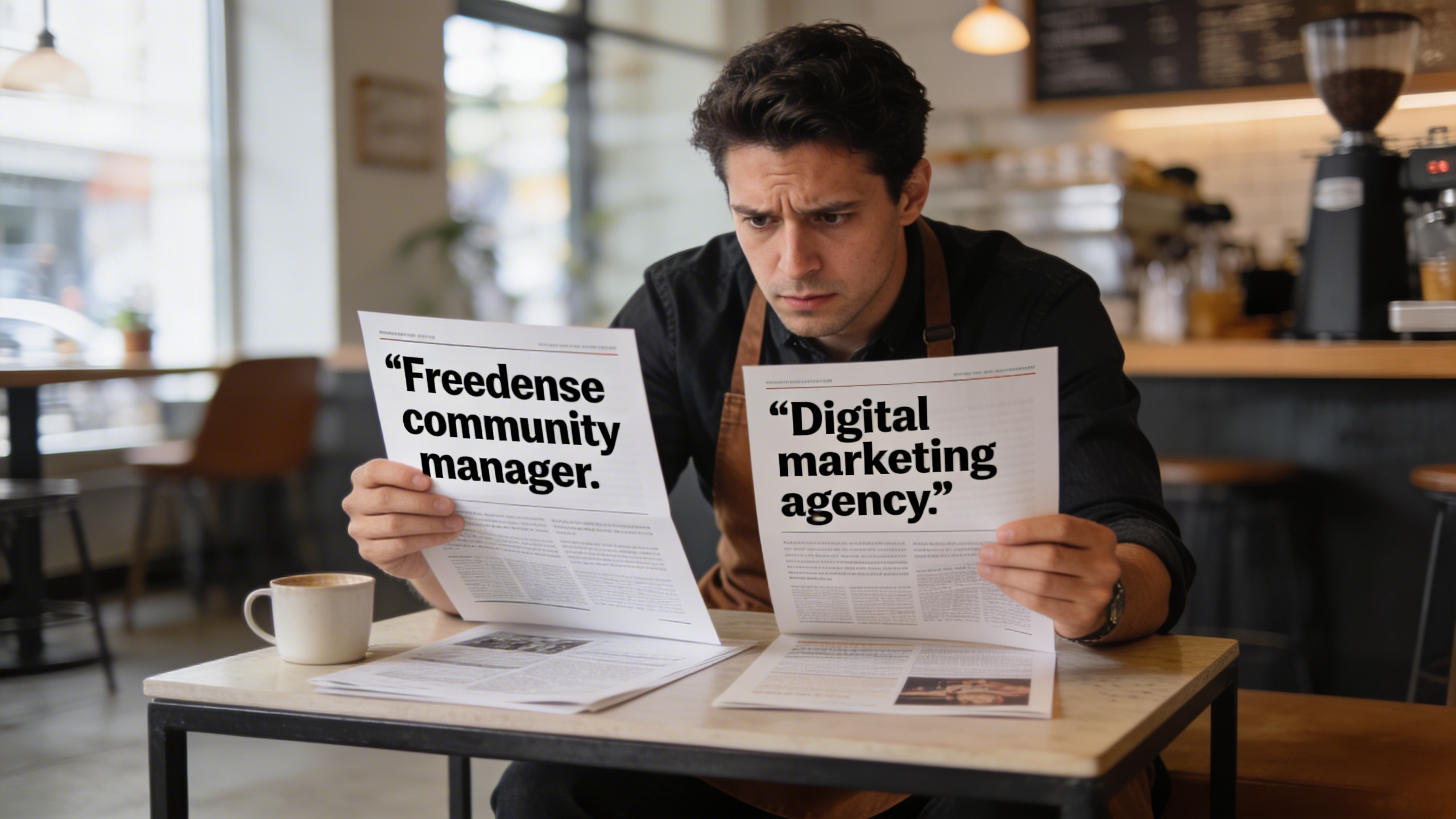 Un chef d'entreprise ou gérant de café, l'air soucieux mais concentré, comparant deux devis sur une table basse, l'un pour un community manager freelance et l'autre pour une agence de marketing digital. Il a un regard pensif, dans un environnement de travail moderne et lumineux. Lumière douce et naturelle, ambiance réaliste et légèrement dramatique, style photo éditorial avec une composition mettant l'accent sur les documents et l'expression du visage.