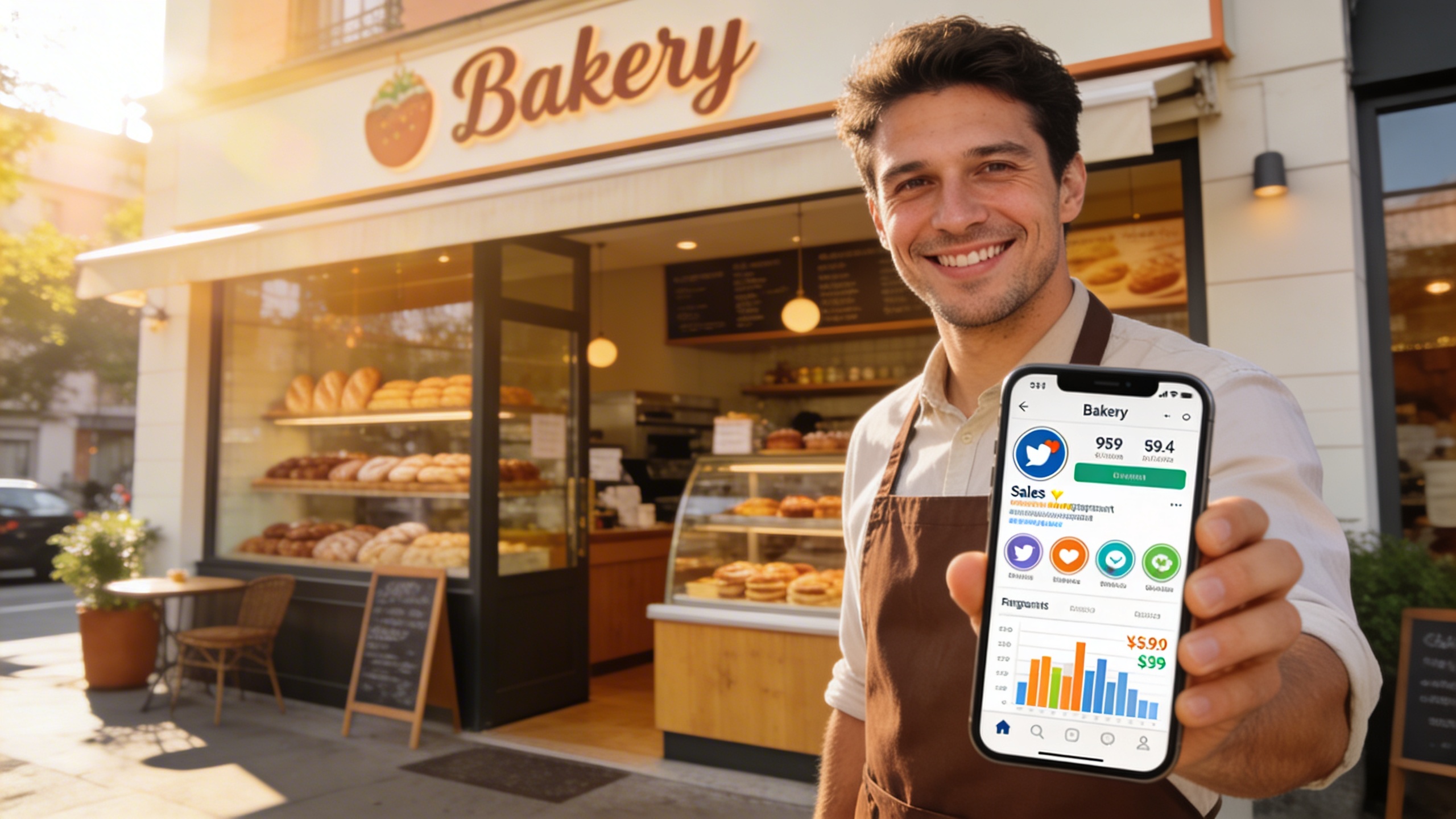 Un petit entrepreneur homme, souriant et soulagé, posant fièrement devant sa boulangerie moderne et accueillante. Il tient un smartphone affichant des icônes de réseaux sociaux et des statistiques positives de ventes ou d'engagement. Lumière du matin ensoleillée, ambiance dynamique et chaleureuse, style photo éditorial de haute qualité.