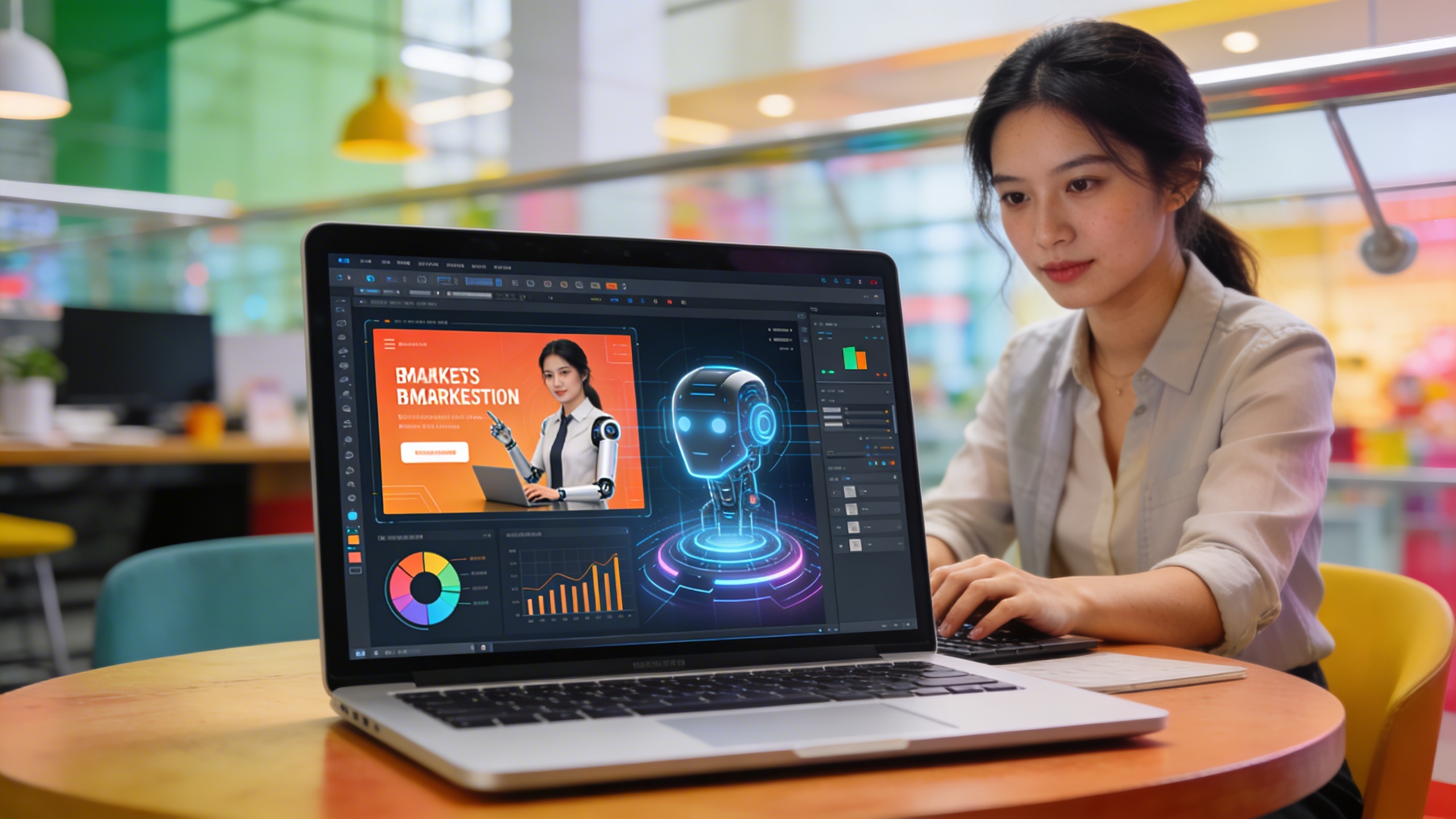 Une entrepreneuse femme, jeune et dynamique, utilisant une interface logicielle moderne et intuitive sur un ordinateur portable, avec des visuels marketing générés par IA affichés à l'écran. Elle est dans un espace de coworking lumineux et stylé, l'air concentré mais inspiré par la facilité de création. Style futuriste mais ancré dans la réalité, couleurs vives et professionnelles, composition dynamique avec une profondeur de champ qui met en valeur l'écran.