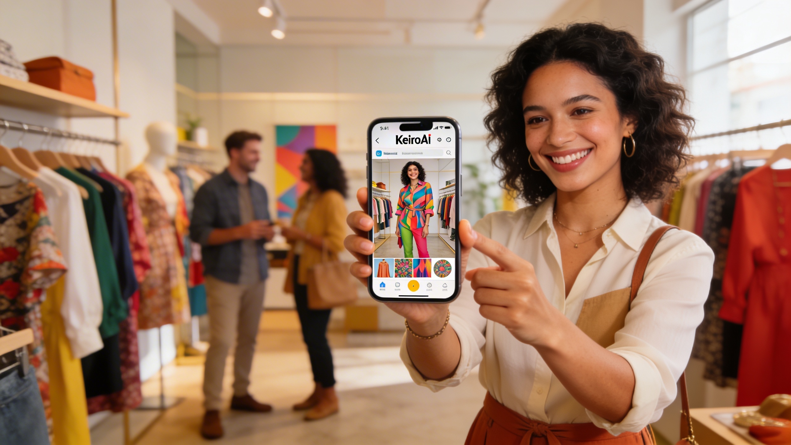 Une petite commerçante femme, rayonnante et confiante, utilisant KeiroAI sur son smartphone pour générer un visuel attrayant et personnalisé pour sa boutique de prêt-à-porter. L'écran du téléphone montre un design épuré et des graphiques colorés de haute qualité. Des clients souriants et satisfaits sont en arrière-plan flou mais visible, créant une ambiance positive. Style photo éditorial magazine, lumière naturelle et chaleureuse, ambiance positive et moderne avec une composition dynamique.