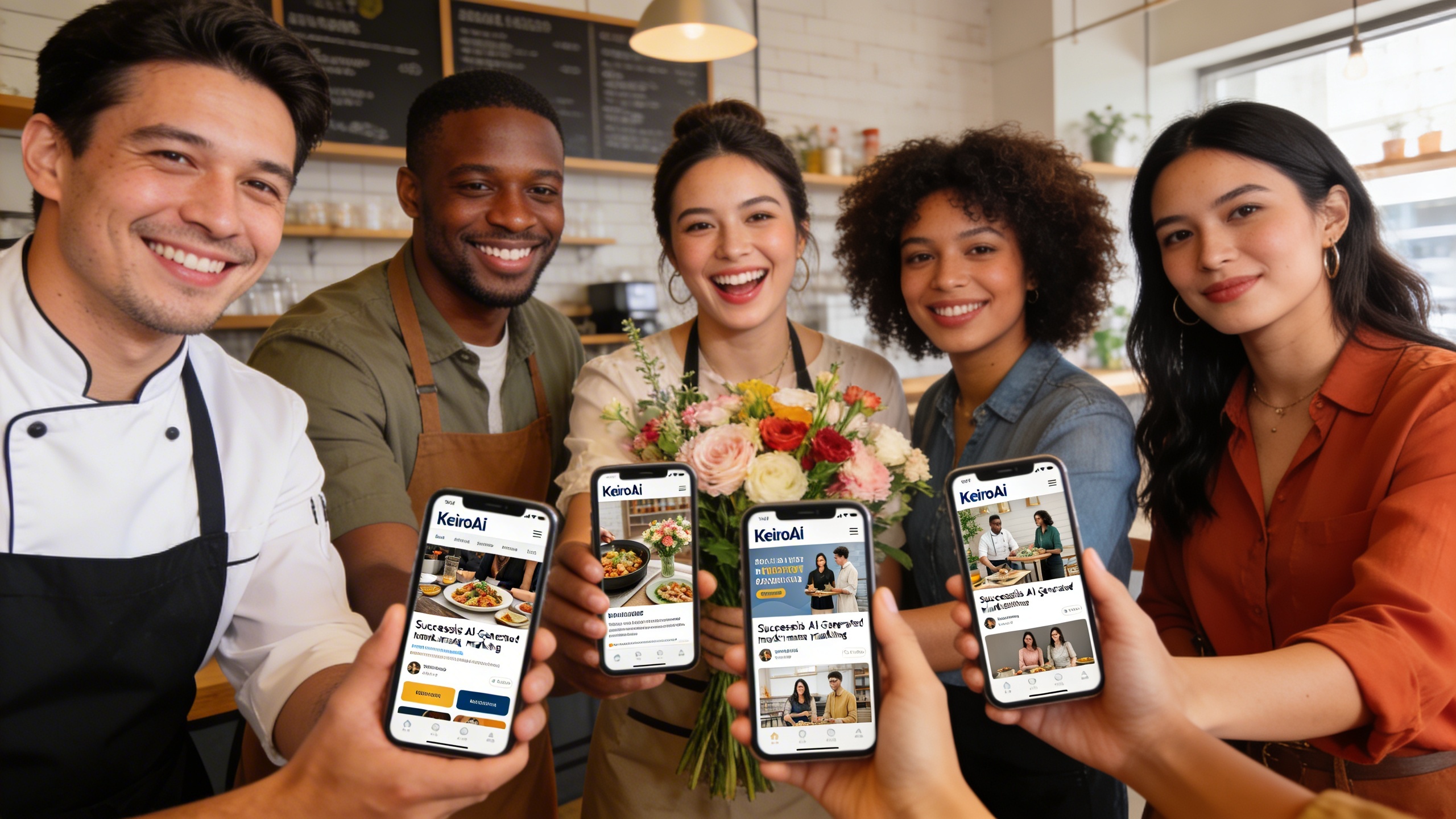 Un groupe diversifié de petits entrepreneurs et commerçants (un restaurateur souriant, une fleuriste enthousiaste, un coiffeur confiant) discutant joyeusement et montrant leurs smartphones avec des visuels marketing réussis générés par IA grâce à KeiroAI, dans un espace convivial et moderne. L'ambiance est collaborative et pleine d'énergie positive. Lumière naturelle abondante, style photo éditorial magazine avec une composition dynamique et des couleurs chaudes.