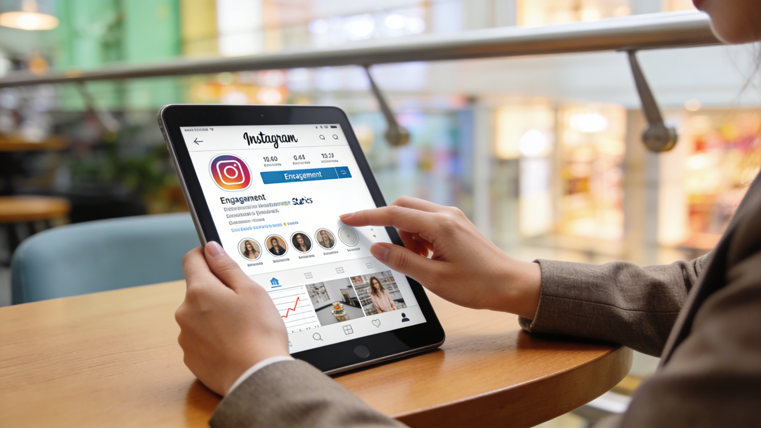 Femme d'affaires attentive et concentrée, vêtue d'un blazer élégant, étudiant des statistiques d'engagement Instagram sur une tablette posée sur une table en bois. Elle est dans un café moderne et lumineux, symbolisant l'analyse stratégique et la prise de décision éclairée pour un commerce local. L'ambiance est studieuse et inspirante, avec une lumière naturelle douce et des éléments de design contemporains en arrière-plan, style photo éditorial magazine.