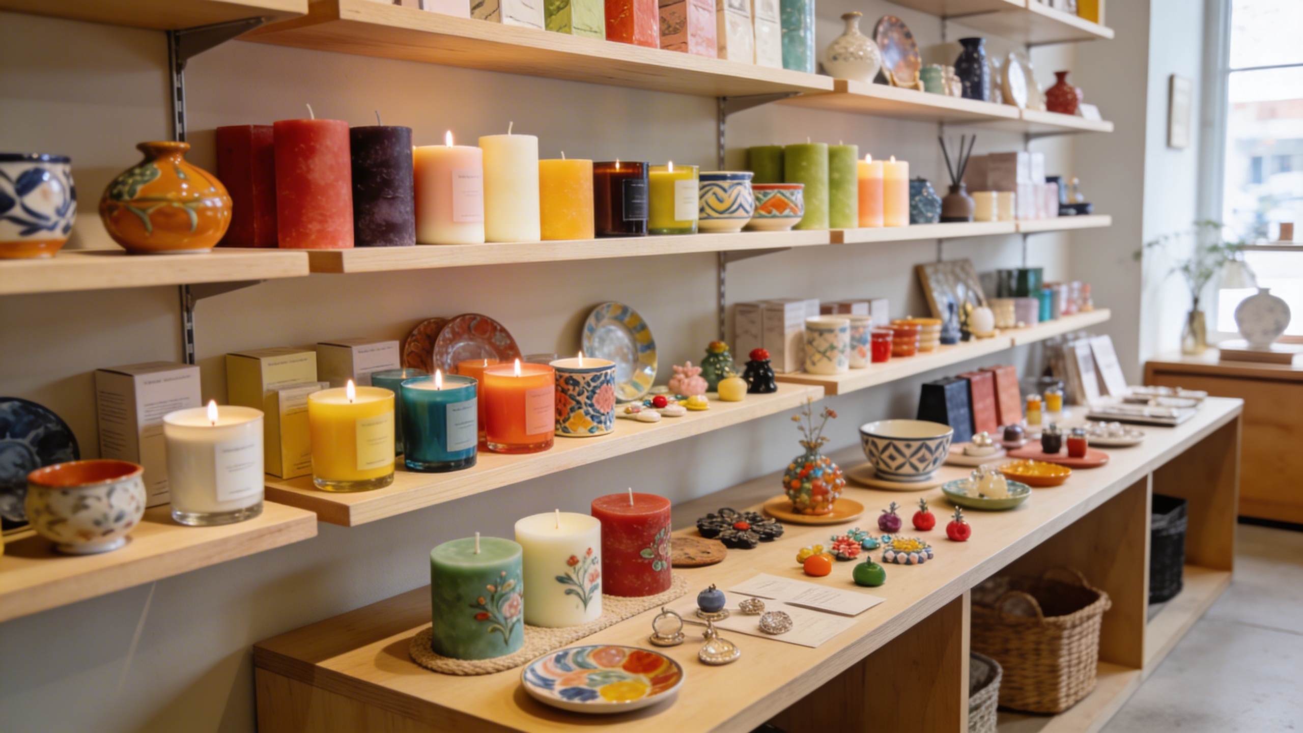 Collection de produits artisanaux colorés et esthétiques, tels que des bougies parfumées, des céramiques peintes à la main et des petits objets de décoration, disposés avec soin sur des étagères en bois clair et une table basse dans une boutique indépendante au design épuré. Les articles sont prêts à être photographiés pour Instagram, mettant en valeur la diversité du contenu et l'ambiance chaleureuse du lieu. La lumière douce et naturelle du jour illumine la scène, créant une atmosphère accueillante et stylisée, dans un style photo éditorial inspirant.