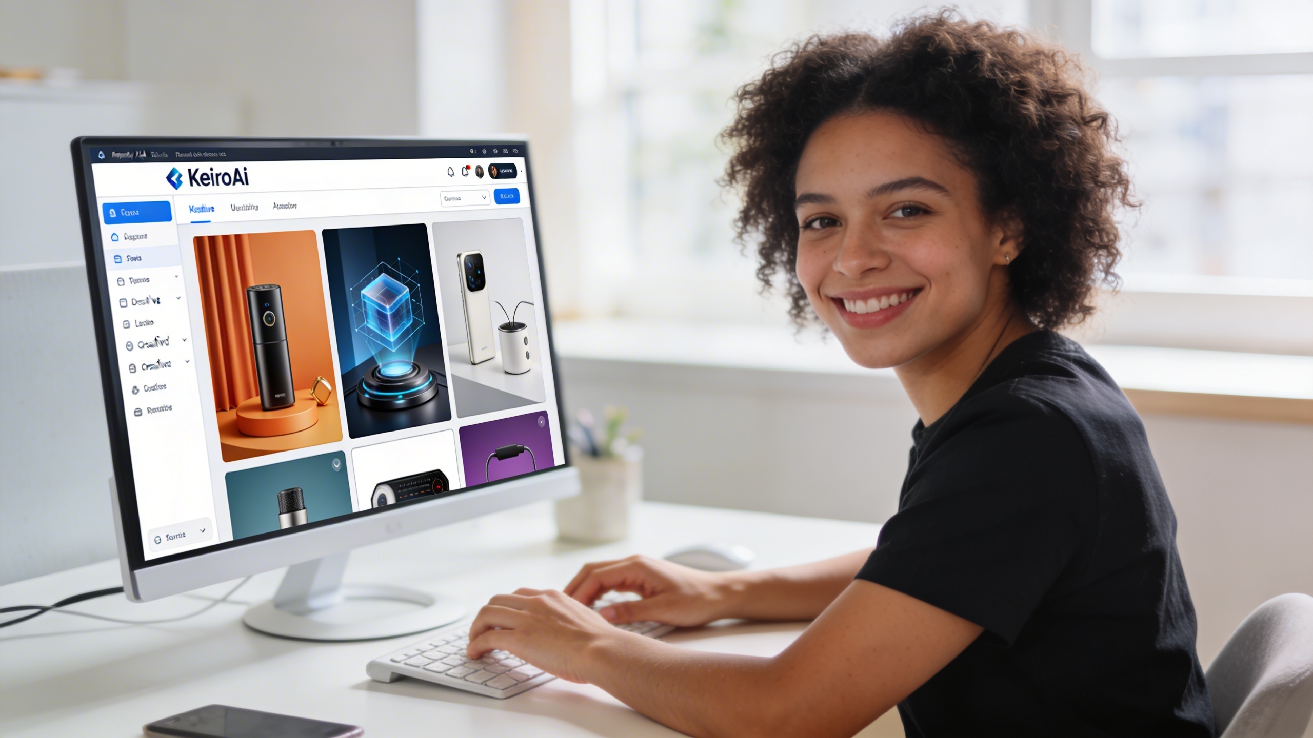 Entrepreneur(e) concentré(e) et souriant(e) devant un écran d'ordinateur, utilisant la plateforme KeiroAI pour générer des visuels marketing percutants pour sa boutique. L'interface utilisateur est intuitive, affichant des images de produits de haute qualité générées par l'IA avec des arrière-plans créatifs et professionnels. L'ambiance est celle d'un espace de travail moderne et productif, avec une lumière douce et des éléments technologiques. Le style est high-tech et créatif, illustrant l'efficacité de l'intelligence artificielle pour la création de contenu visuel.