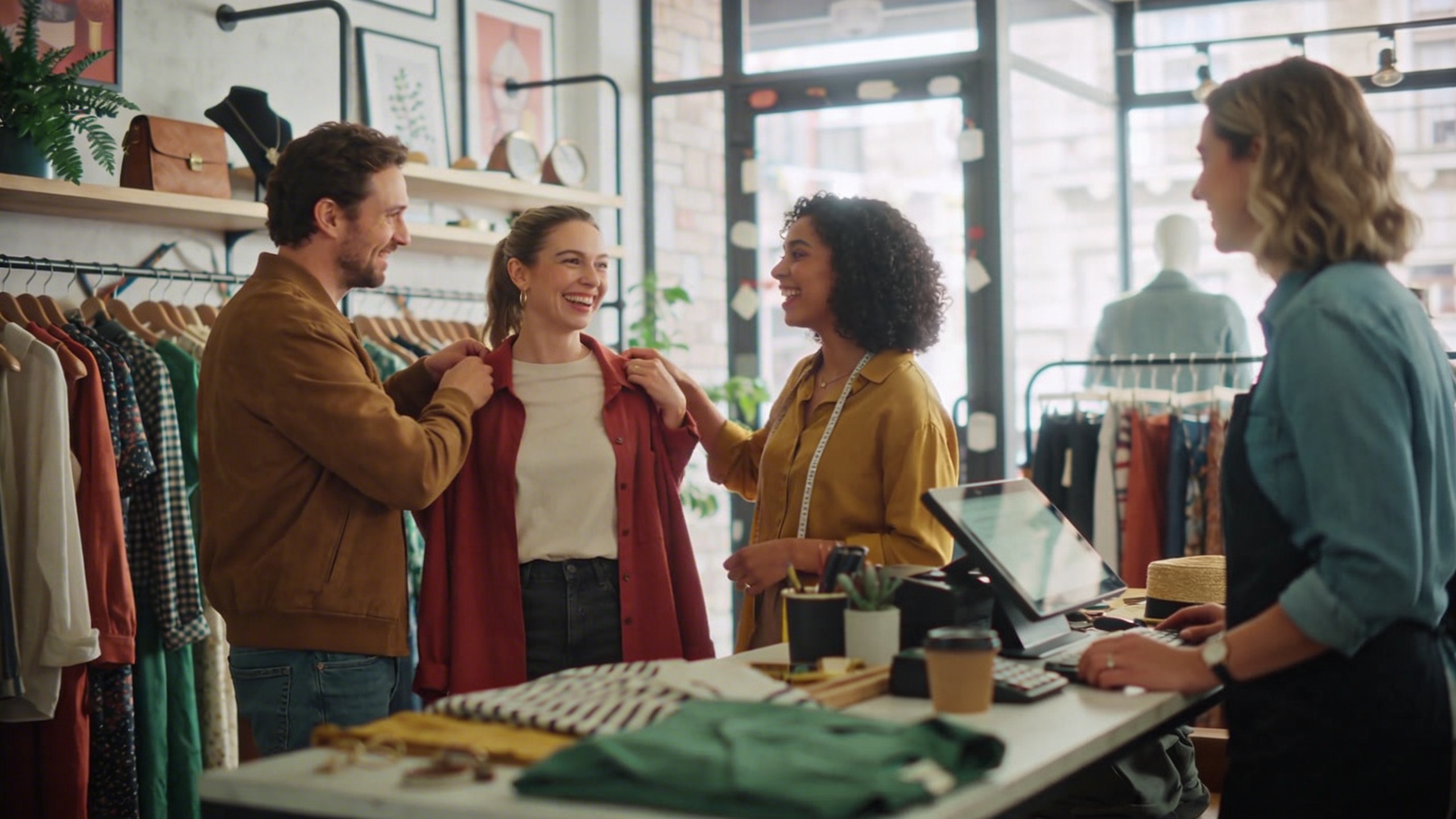 Groupe de clients souriants et engagés interagissant avec un vendeur dans une petite boutique de mode indépendante. L'ambiance est conviviale et dynamique, avec des clients qui essaient des vêtements et discutent avec le personnel. Cette scène illustre parfaitement l'importance de l'engagement client, à la fois en personne et sur Instagram, pour créer une communauté fidèle. La photo est réaliste, avec une lumière naturelle et une composition qui capture l'énergie positive du lieu, style photo éditorial magazine.
