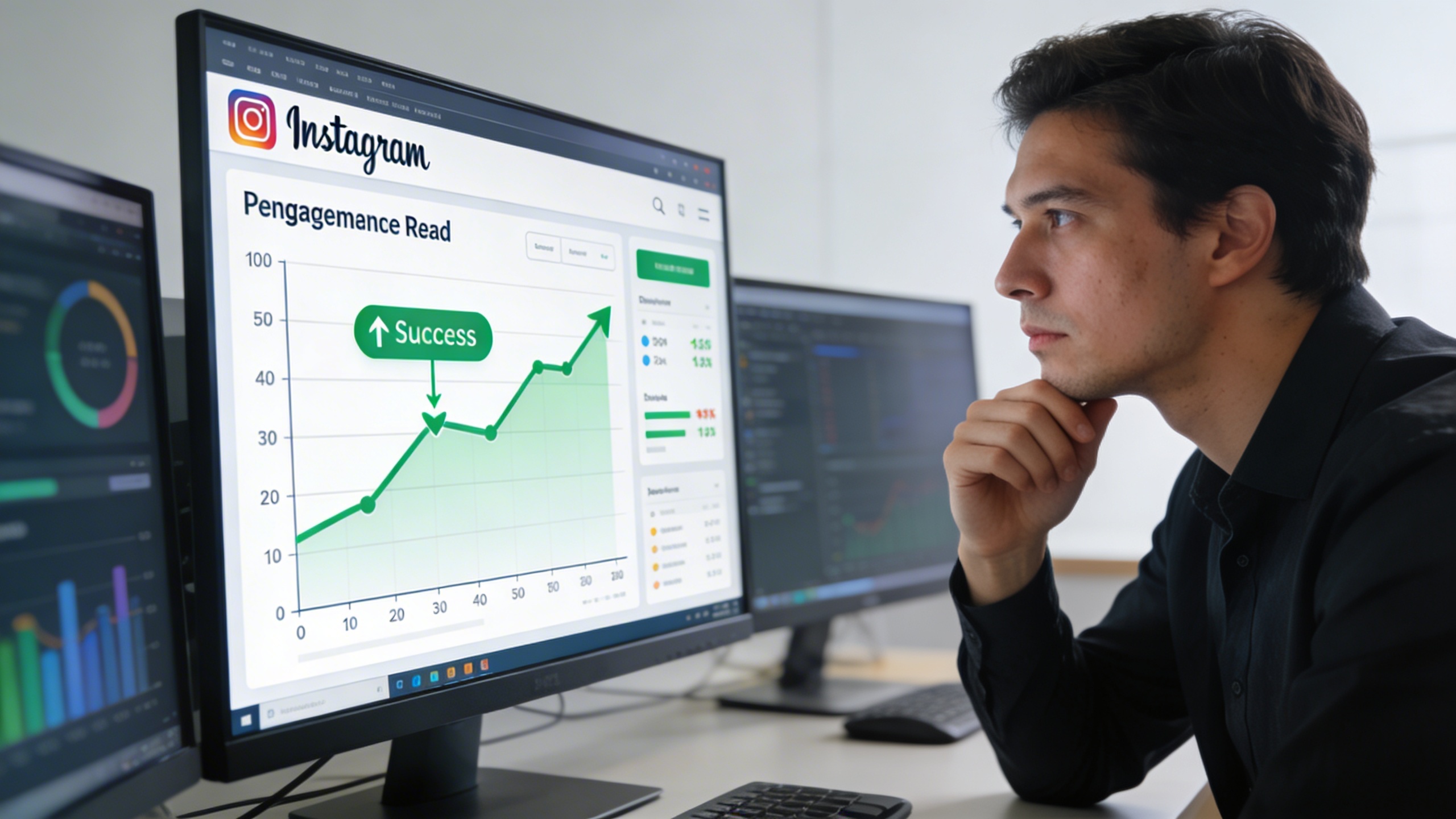 Entrepreneur(e) concentré(e) et déterminé(e) analysant un graphique de performance Instagram stylisé affiché sur un tableau de bord numérique. Le graphique montre une croissance positive des métriques d'engagement et de portée, avec des flèches vertes et des indicateurs de succès. L'ambiance est celle d'une salle de réunion moderne et épurée, avec des écrans d'ordinateur supplémentaires et une lumière douce et stratégique. Le style est technique et professionnel, illustrant l'importance de la mesure et de l'analyse pour une stratégie Instagram efficace.