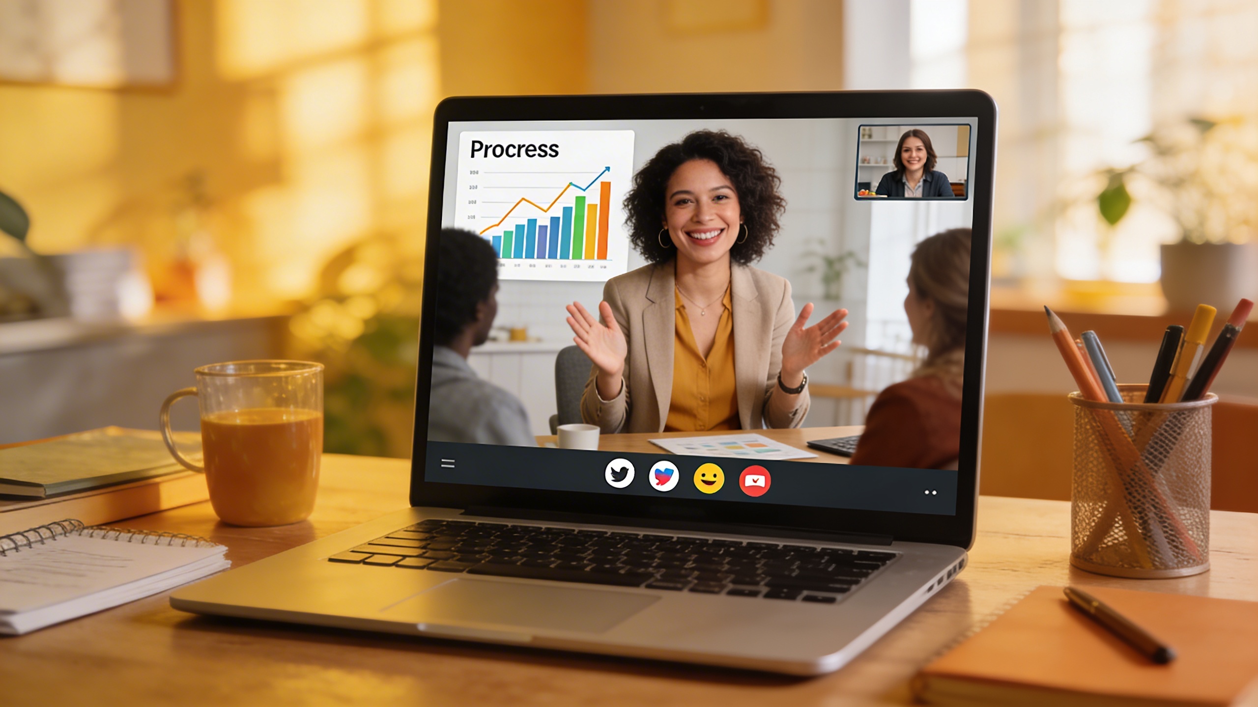 Une coach de vie souriante interagit avec son audience via un écran d'ordinateur, affichant des graphiques de progression et des icônes de réseaux sociaux, ambiance de travail inspirante et moderne, lumière naturelle, montrant l'efficacité de la communication vidéo.
