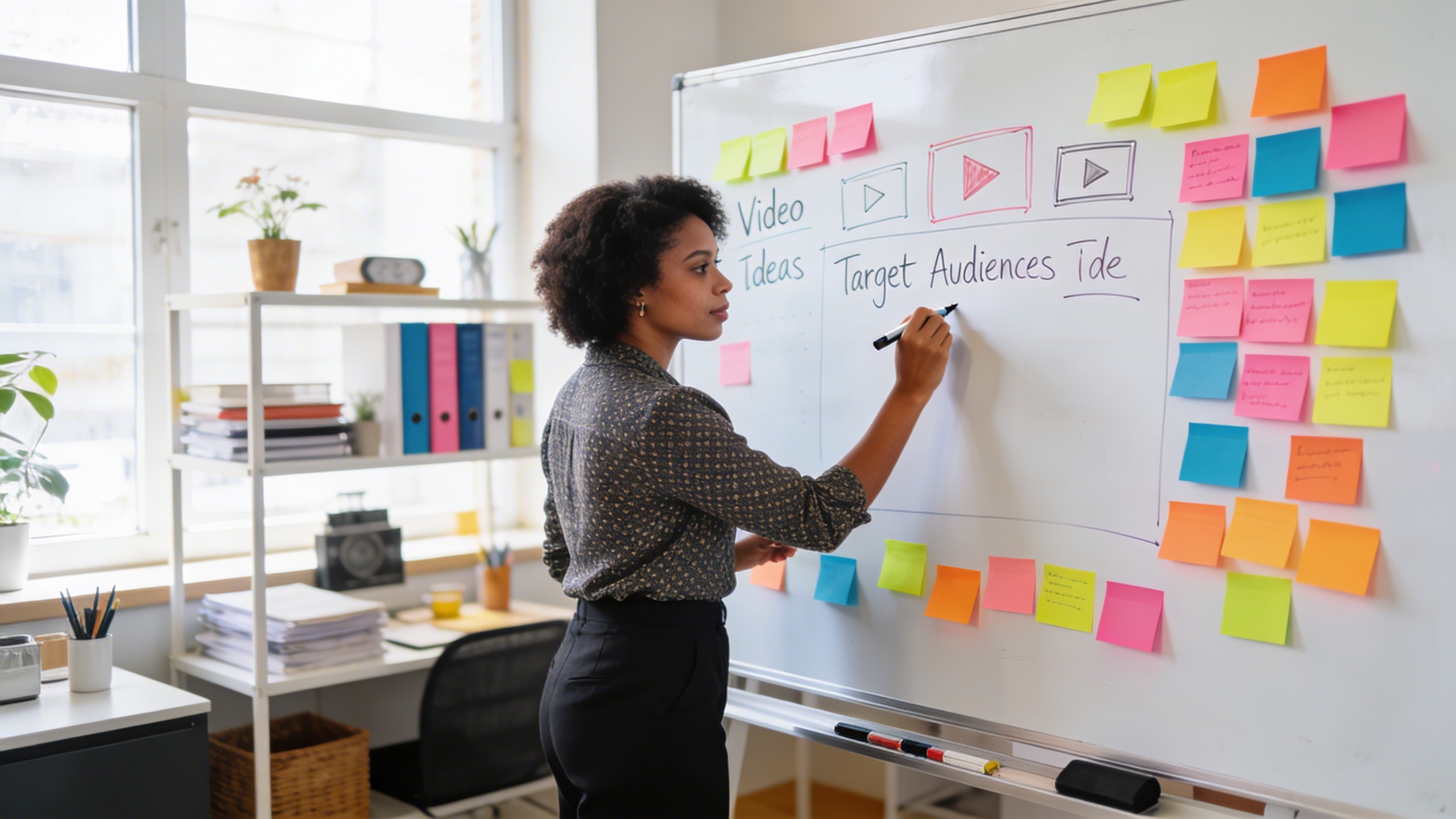 Une femme coach écrit sur un tableau blanc des objectifs SMART pour sa stratégie de contenu vidéo, avec des post-its colorés représentant des idées de vidéos et des cibles d'audience, dans un bureau lumineux et organisé, mettant en évidence la planification stratégique.