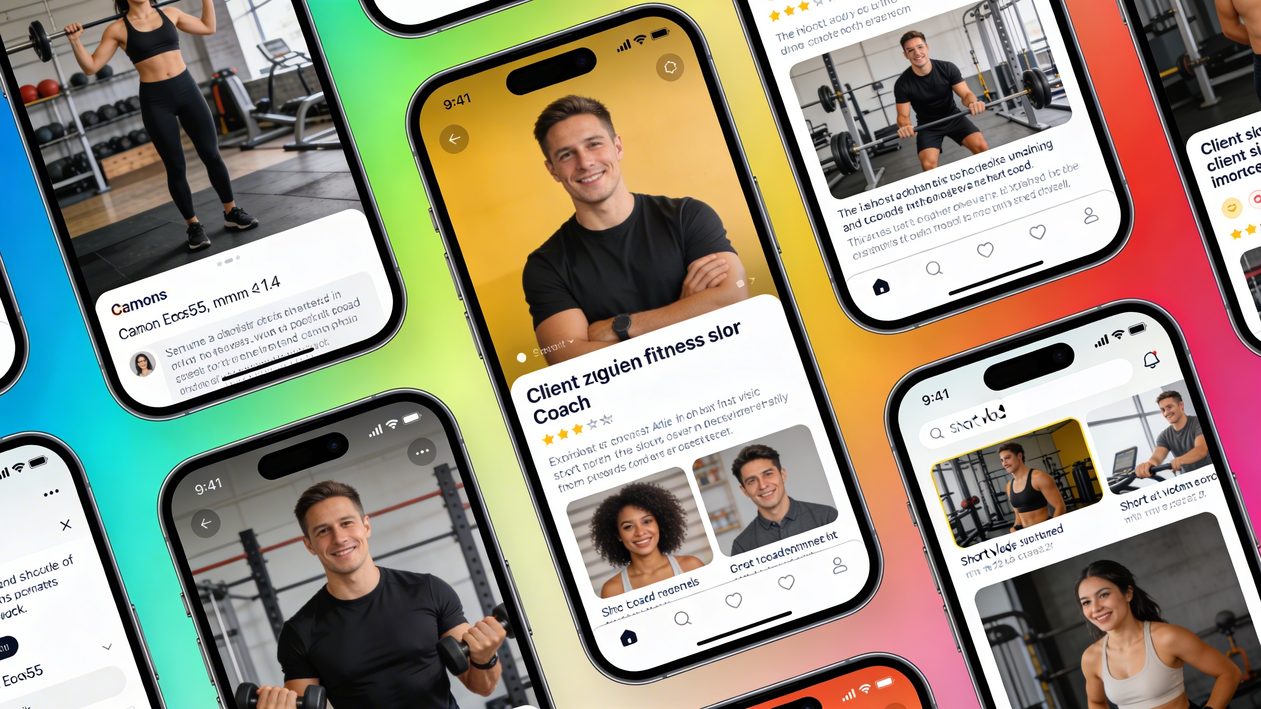 Divers écrans de smartphones affichent différents types de vidéos pour coach : un tutoriel fitness, un témoignage client, un extrait de webinaire, un court vlog, illustrant la diversité des formats sur un fond dégradé moderne et dynamique.