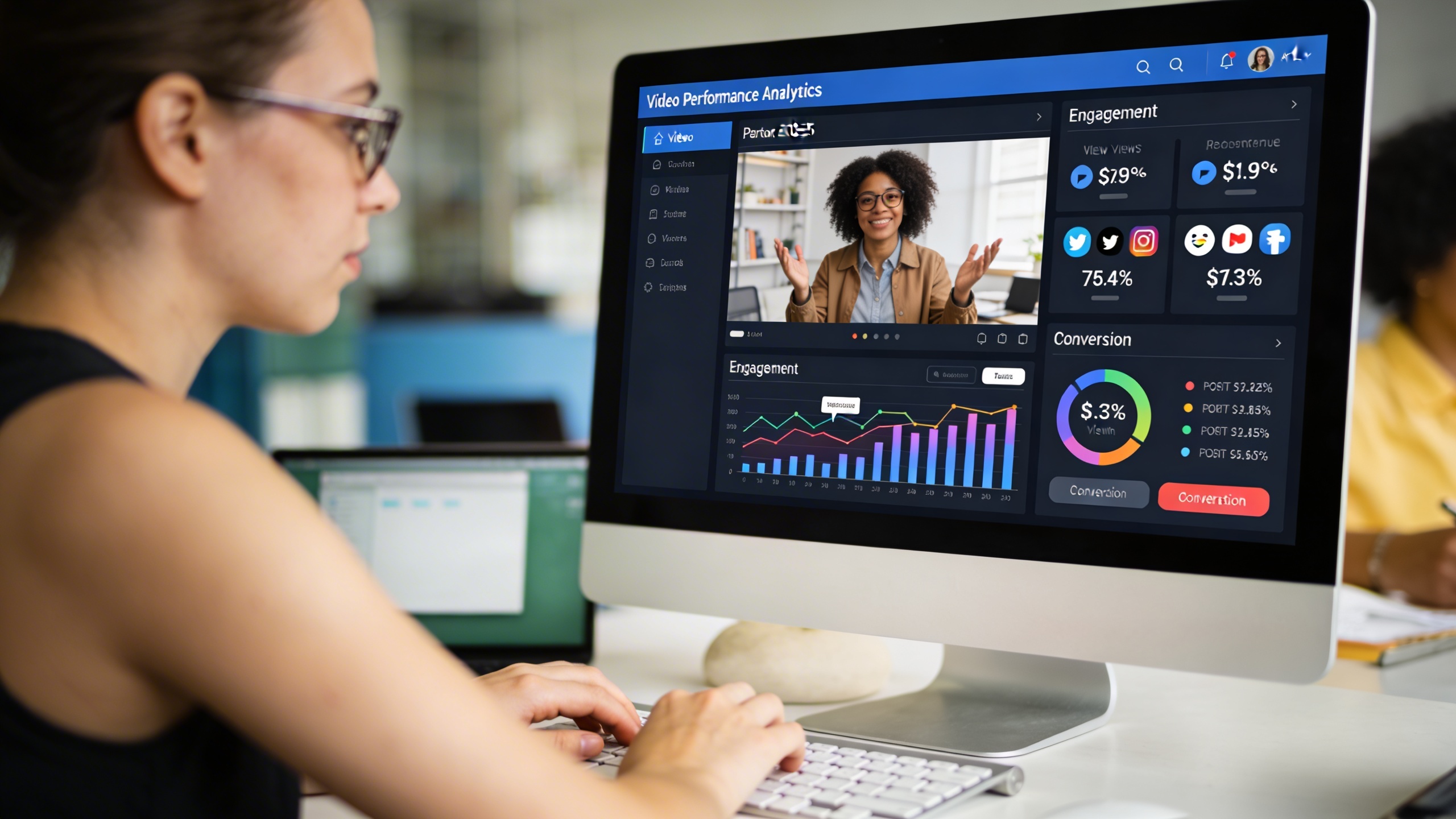 Un tableau de bord d'analyse de performances vidéo avec des graphiques de vues, d'engagement et de conversion, affiché sur un écran d'ordinateur, avec des icônes de réseaux sociaux et des statistiques positives, ambiance professionnelle, montrant l'importance de l'optimisation.