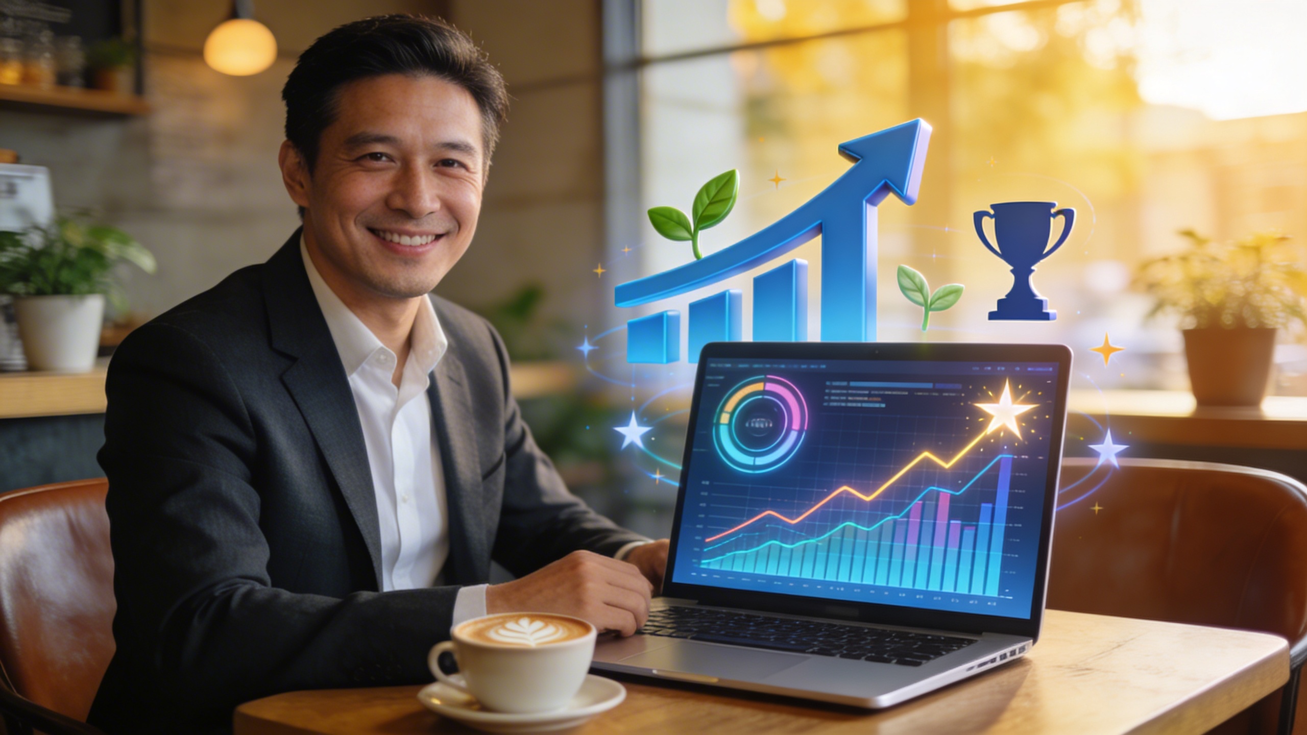Un coach souriant devant son ordinateur portable affichant des statistiques de performance vidéo positives, avec des icônes de croissance et de succès, dans un café moderne et lumineux, style photo éditorial, illustrant l'analyse des résultats.