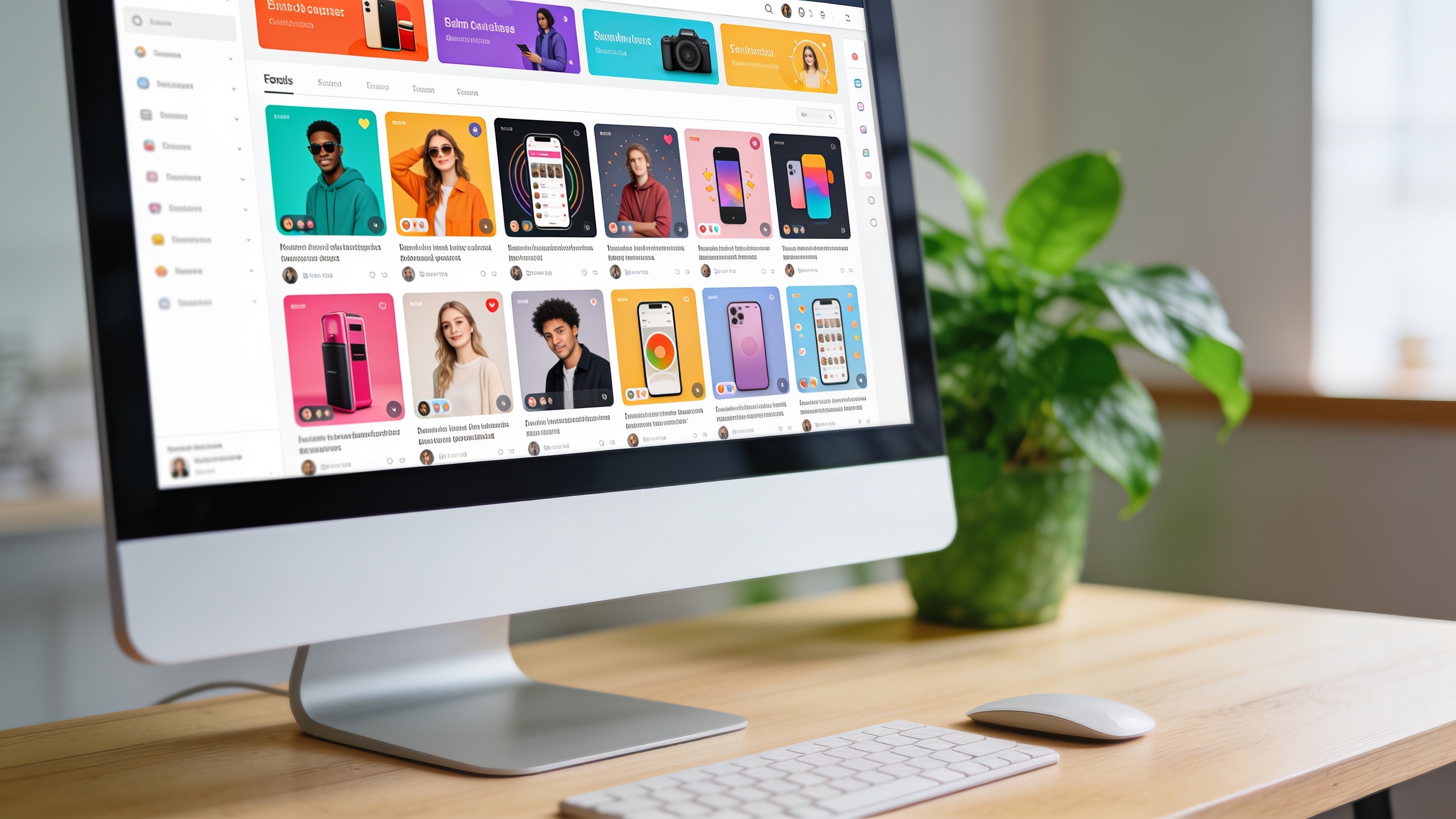 Plan moyen d un carrousel visuel impactant concu pour les reseaux sociaux affiche sur un moniteur de graphiste professionnel ambiance eclairage naturel studio