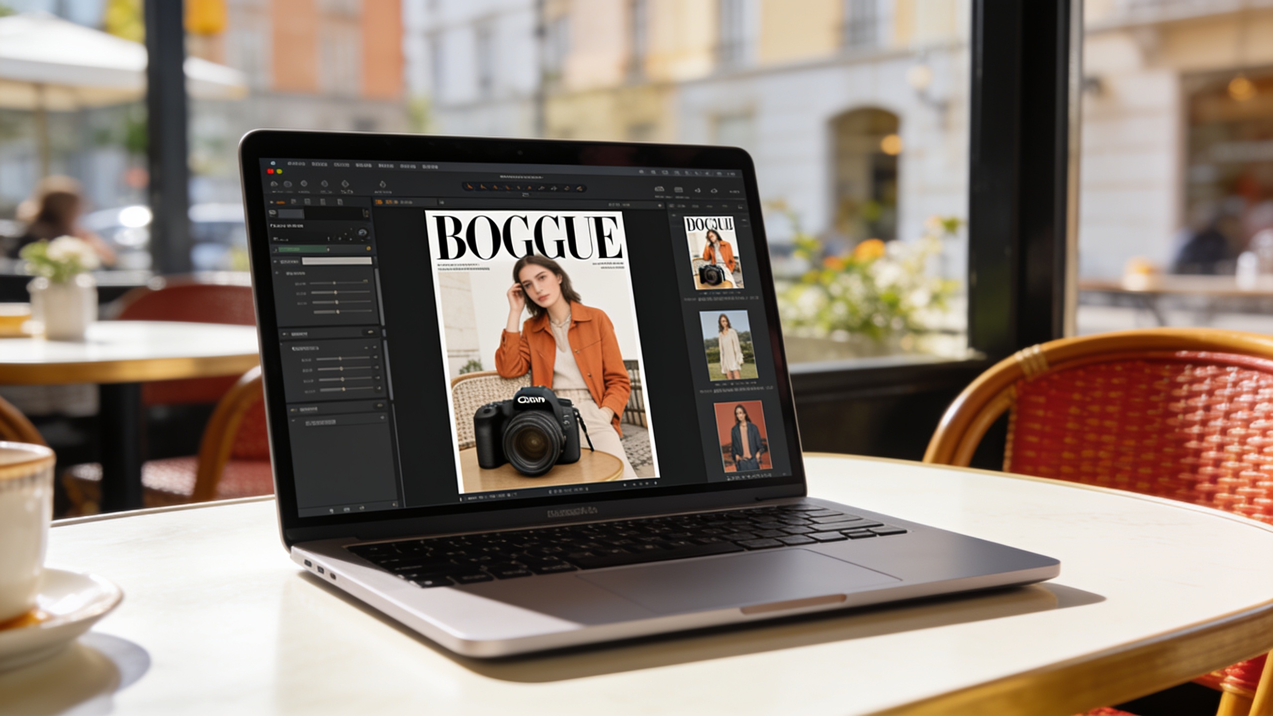 Tableau de bord ergonomique affichant des creations visuelles marketing professionnelles et colorees pour independants style photo haute definition